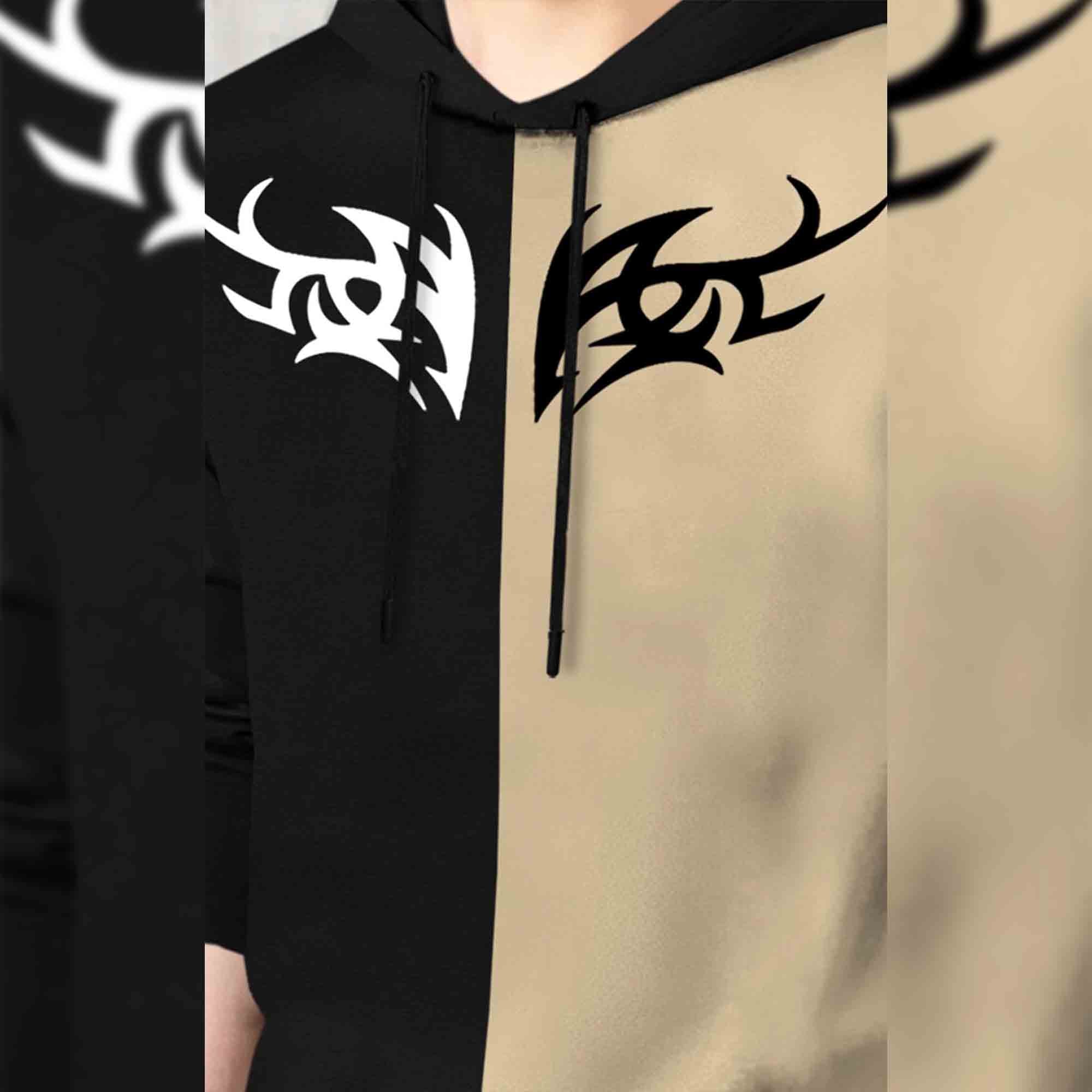 Mens Full Sleeve Hooded Neck Dual Color Printed T-shirt Black & Beige