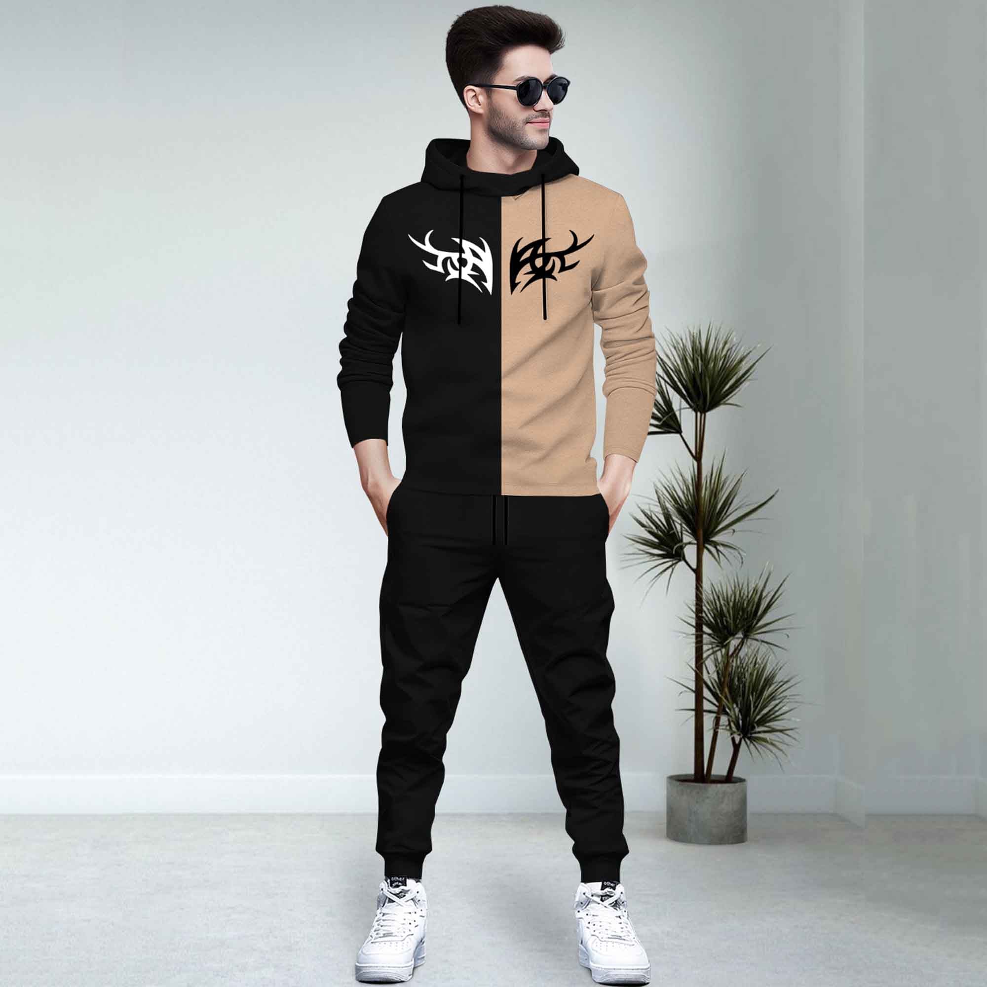 Dual Color Black T-shirt With Matching Black TrackPant Hoodie Tracksuit