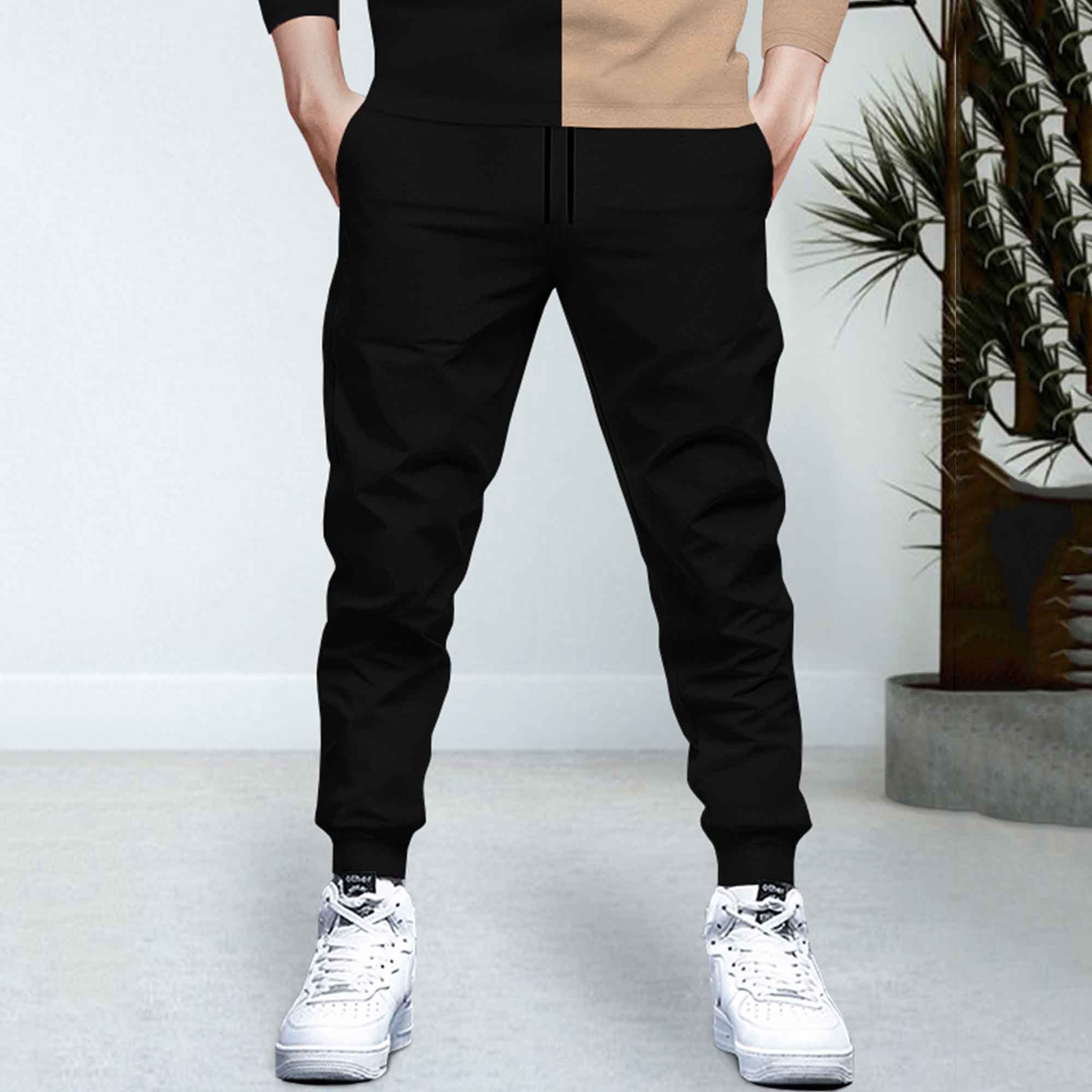 Dual Color Black T-shirt With Matching Black TrackPant Hoodie Tracksuit