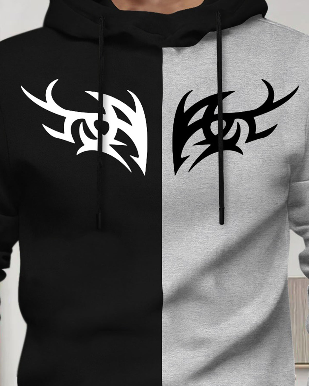 Mens Full Sleeve Hooded Neck Dual Color Printed T-shirt / Black & Grey