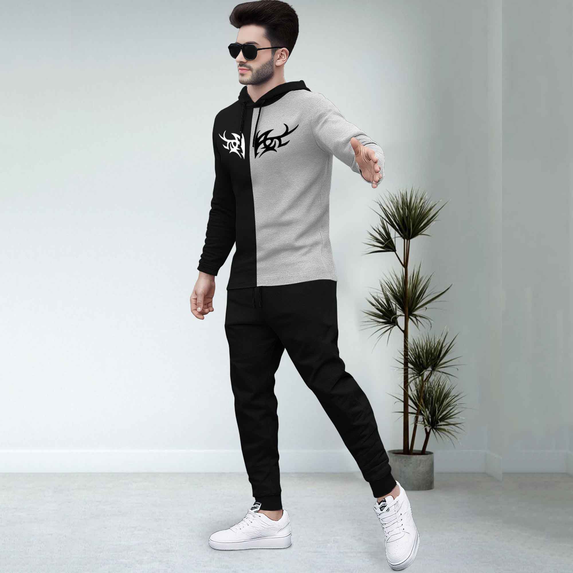 Dual Color Black & Grey T-shirt With Matching TrackPant Hoodie Tracksuit