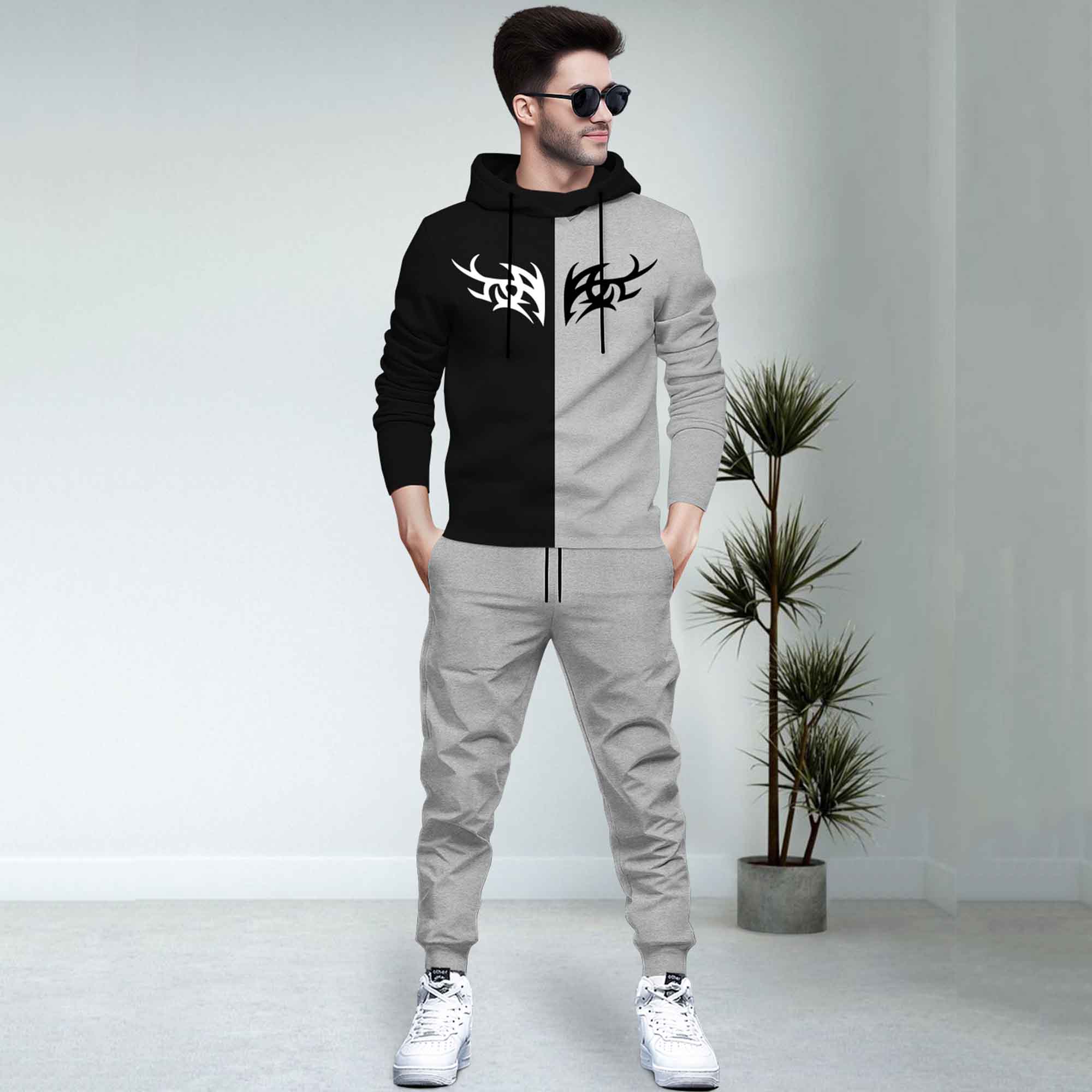 Hoodie Matching Pants Dual Color Black Grey T-shirt With Matching