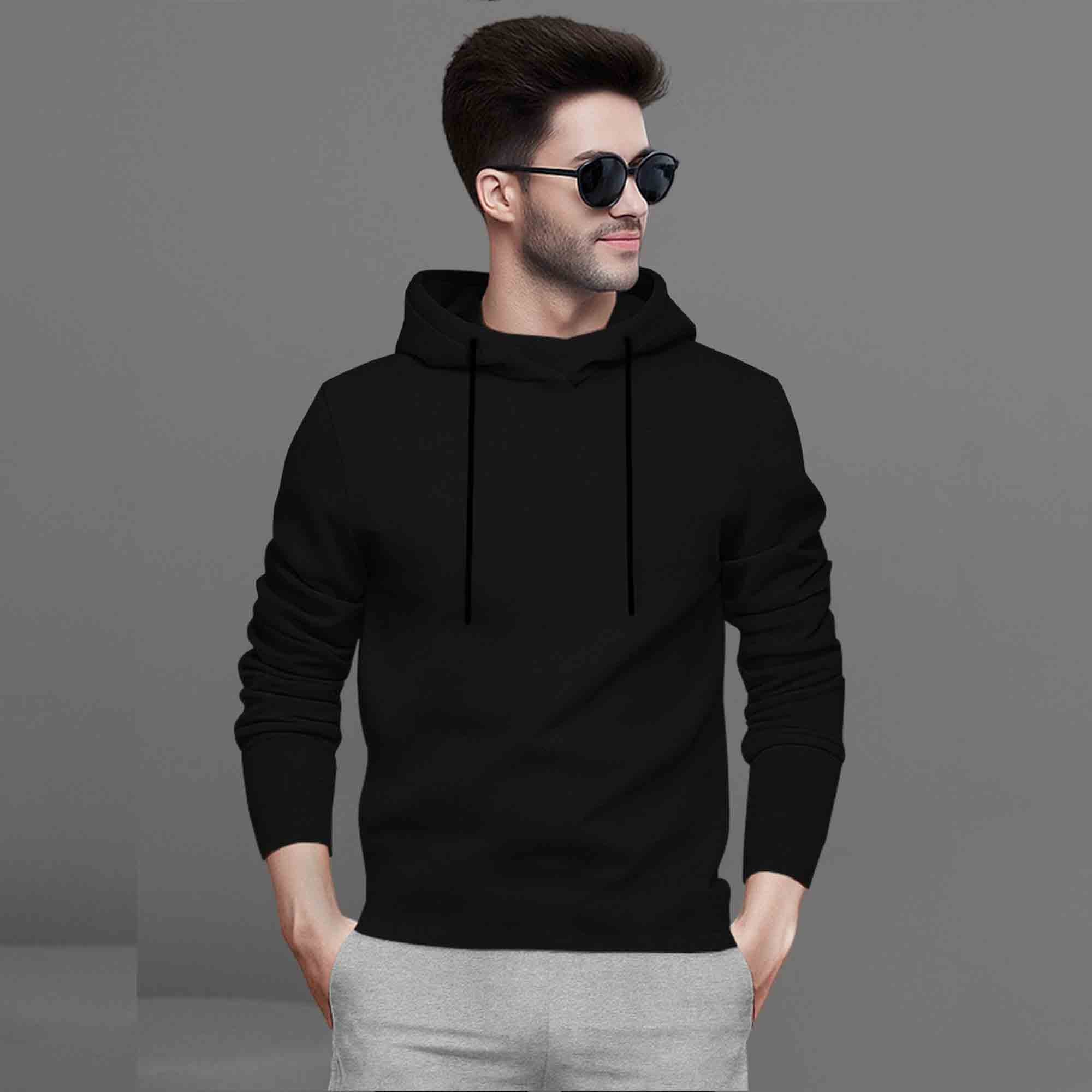 Mens Black Full Sleeve Plain Hooded T-shirt