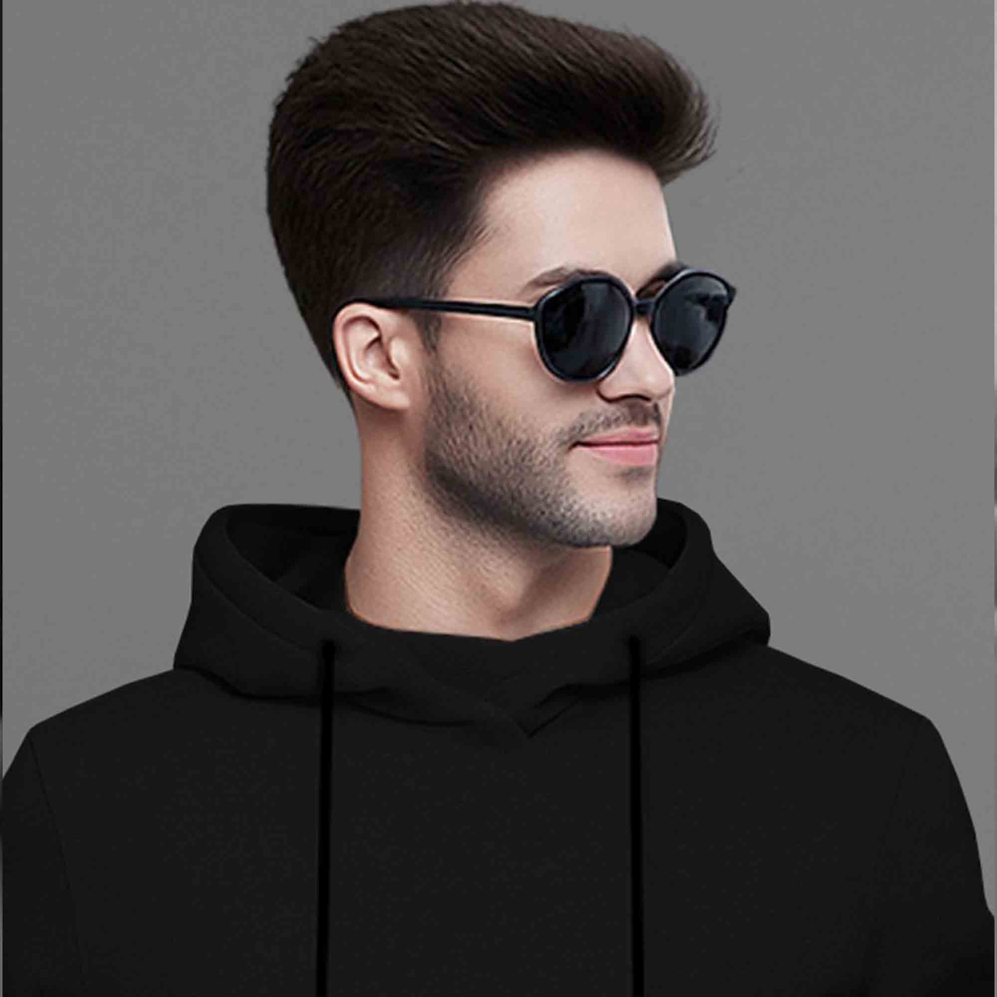 Mens Black Full Sleeve Plain Hooded T-shirt