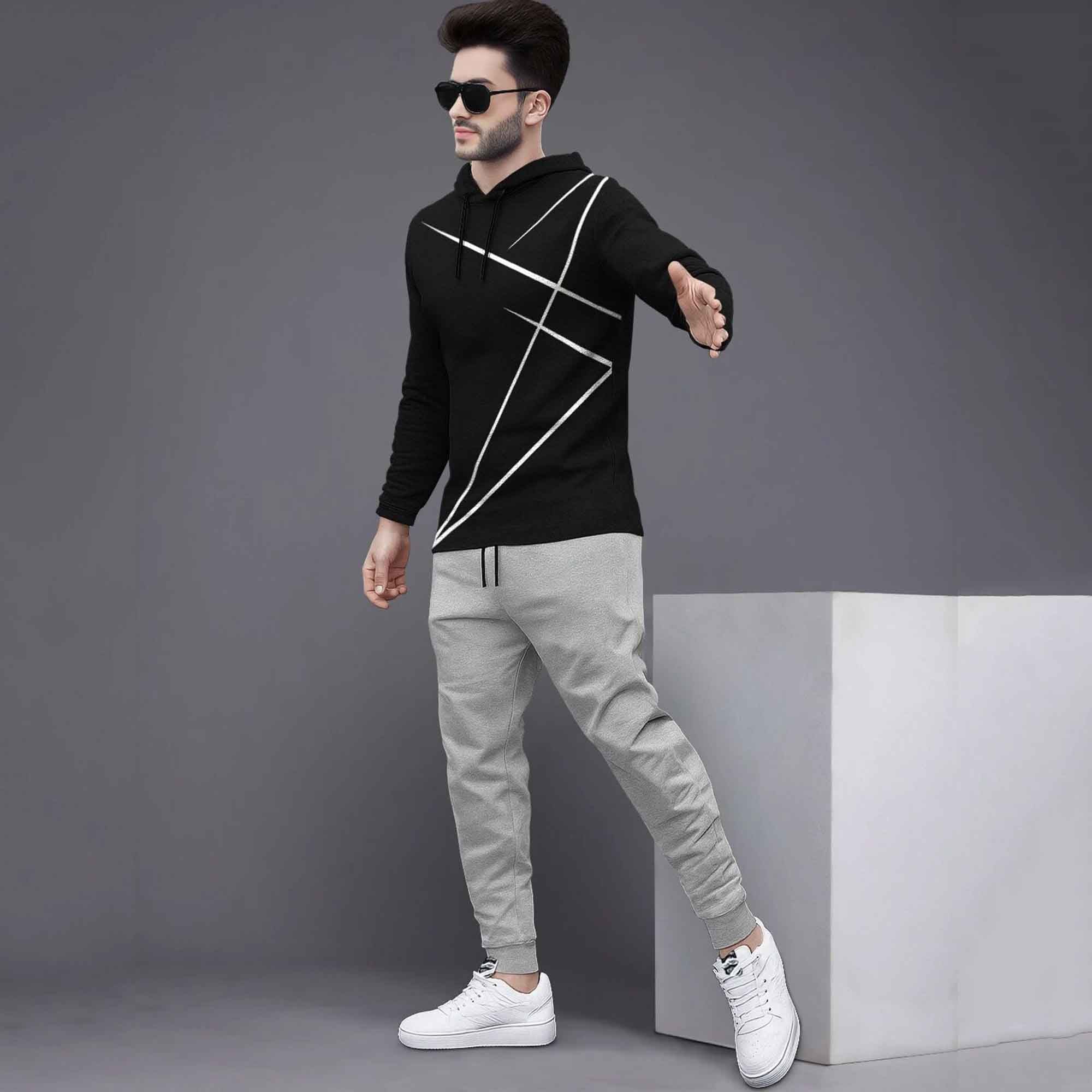 Full Sleeve ZigZag Parttern Black T-shirt With Matching Trackpant