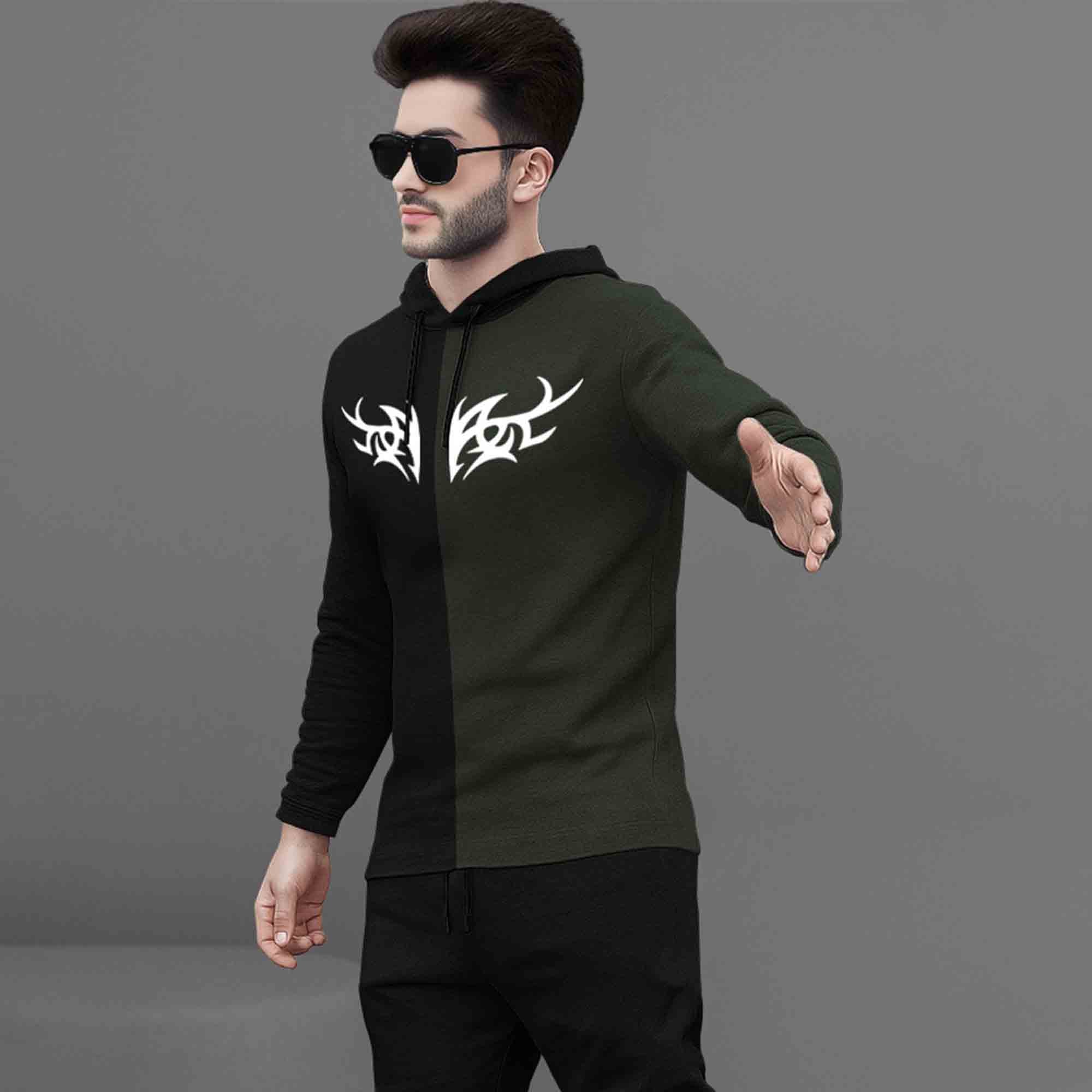 Mens Full Sleeve Hooded Neck Dual Color Printed T-shirt Black & Olive