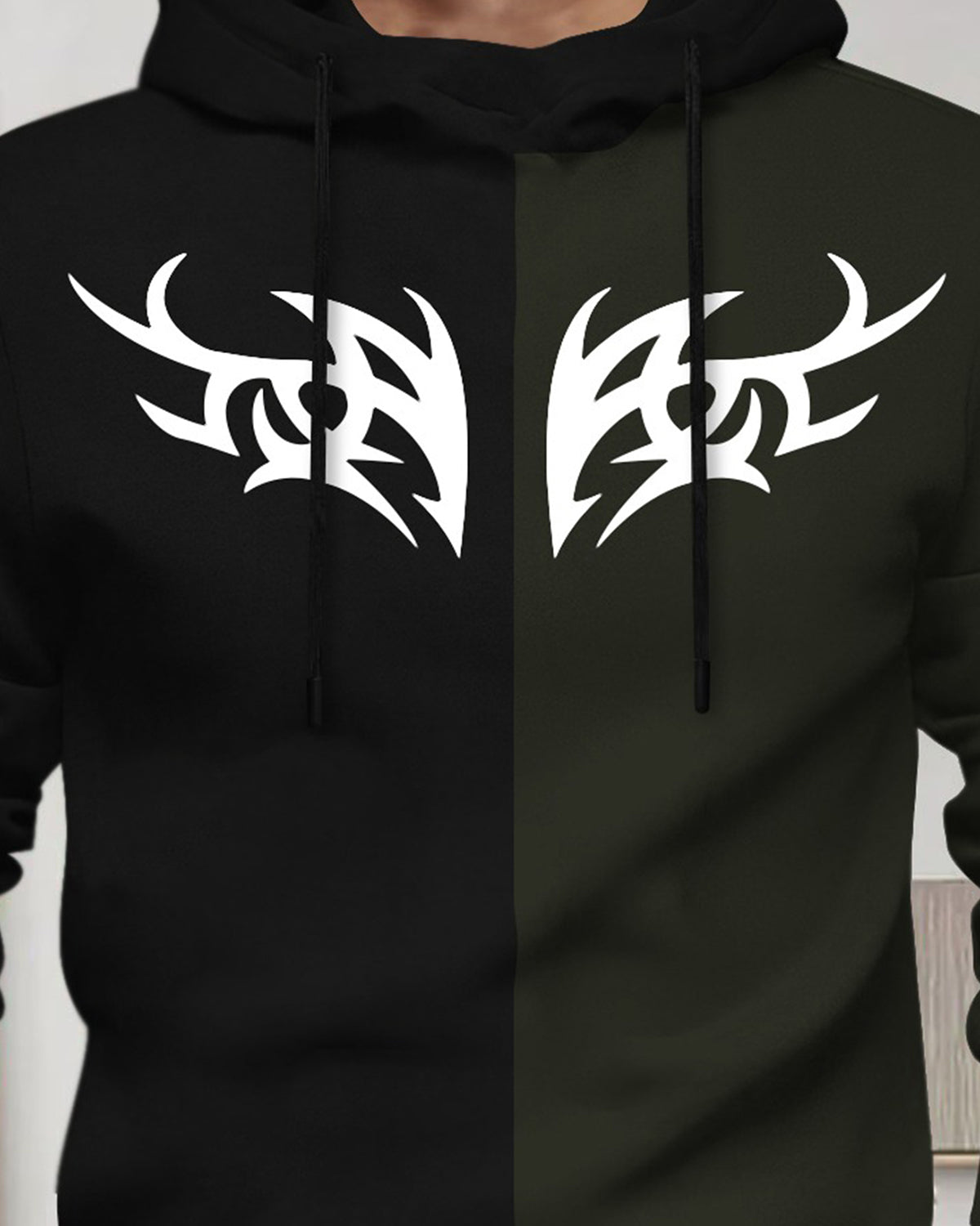 Mens Full Sleeve Hooded Neck Dual Color Printed T-shirt Black & Olive