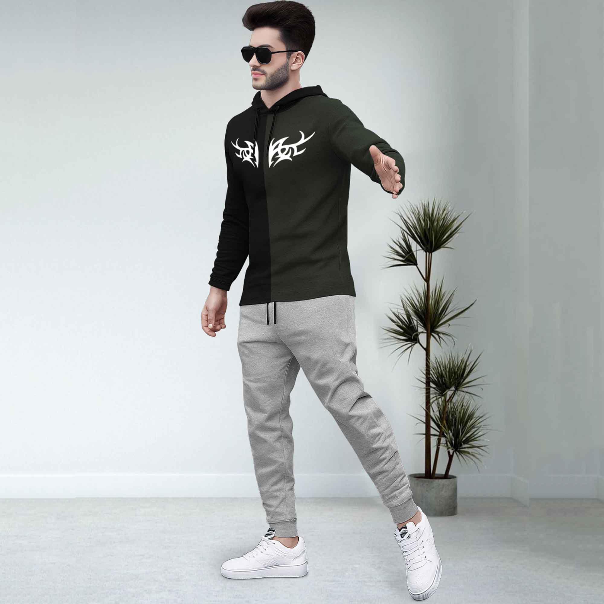 Dual Color Black T-shirt With Matching Grey TrackPant Hoodie Tracksuit