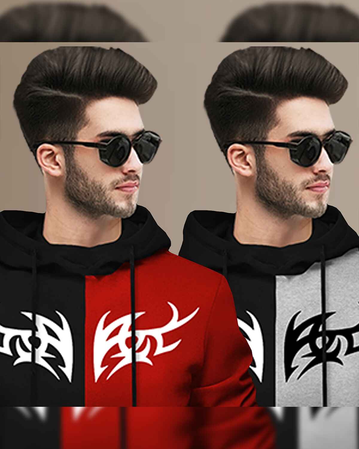 (Pack Of 2) Mens Printed Hooded Full Sleeve T-shirt / Black & Grey