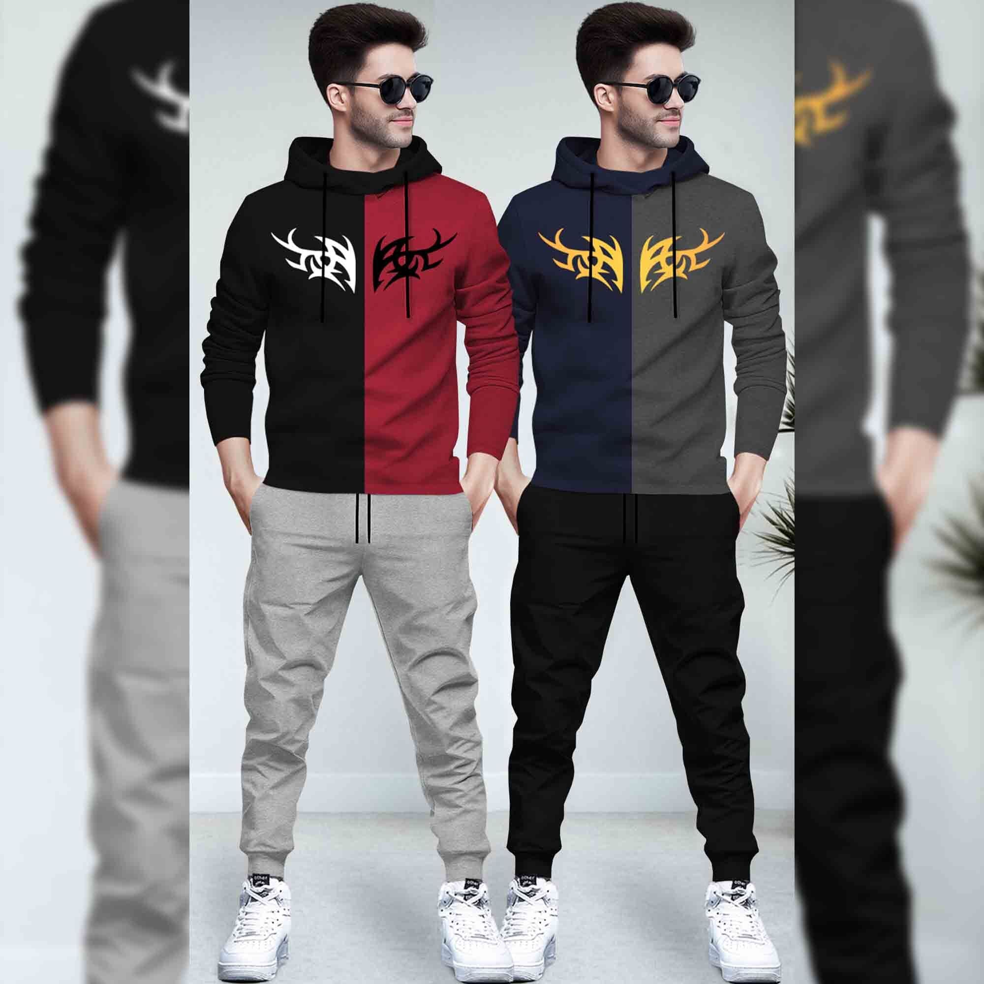 (Pack Of 2) Printed Tracksuit Black & Navy Hooded T-shirts - Matching Plain Trackpants