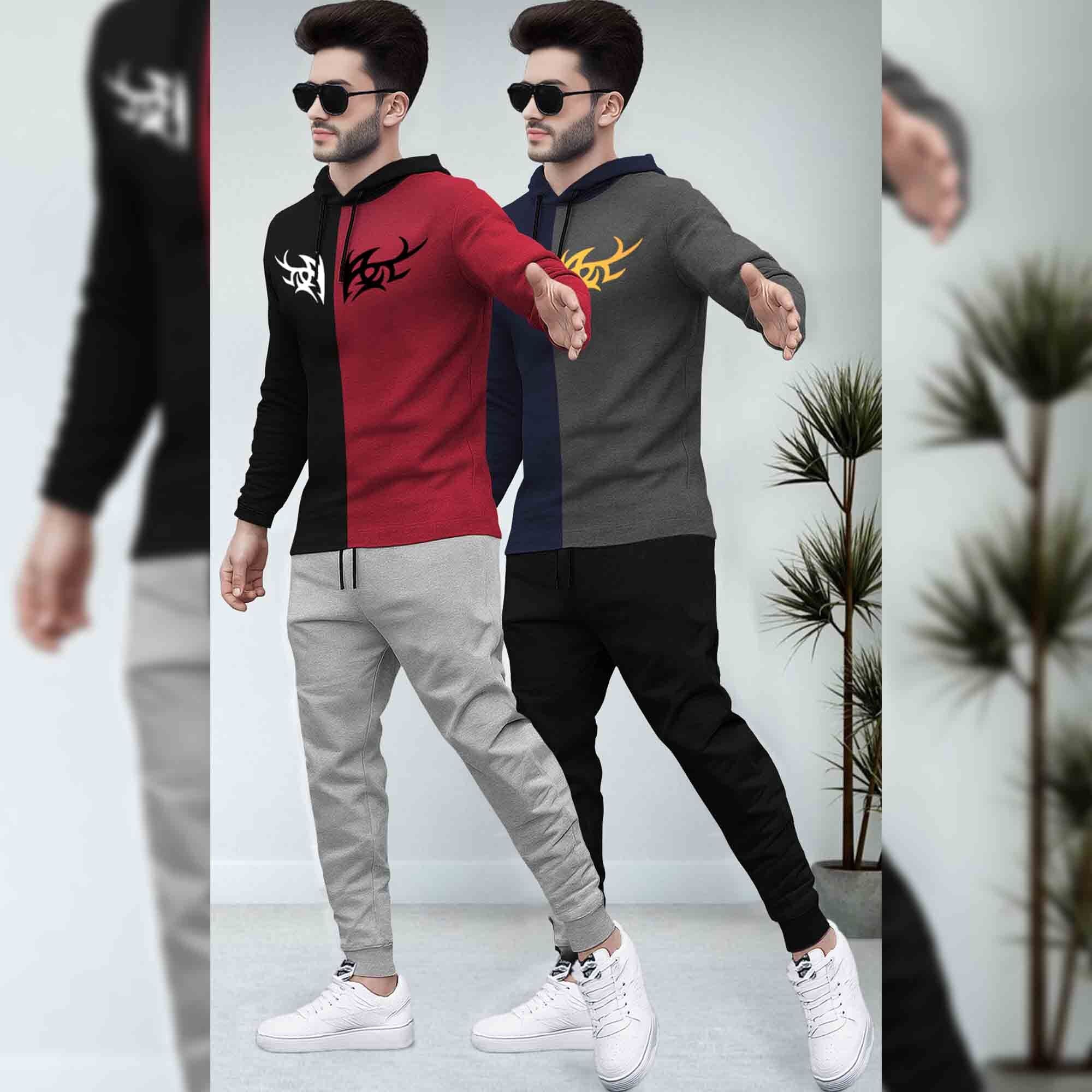 (Pack Of 2) Printed Tracksuit Black & Navy Hooded T-shirts - Matching Plain Trackpants