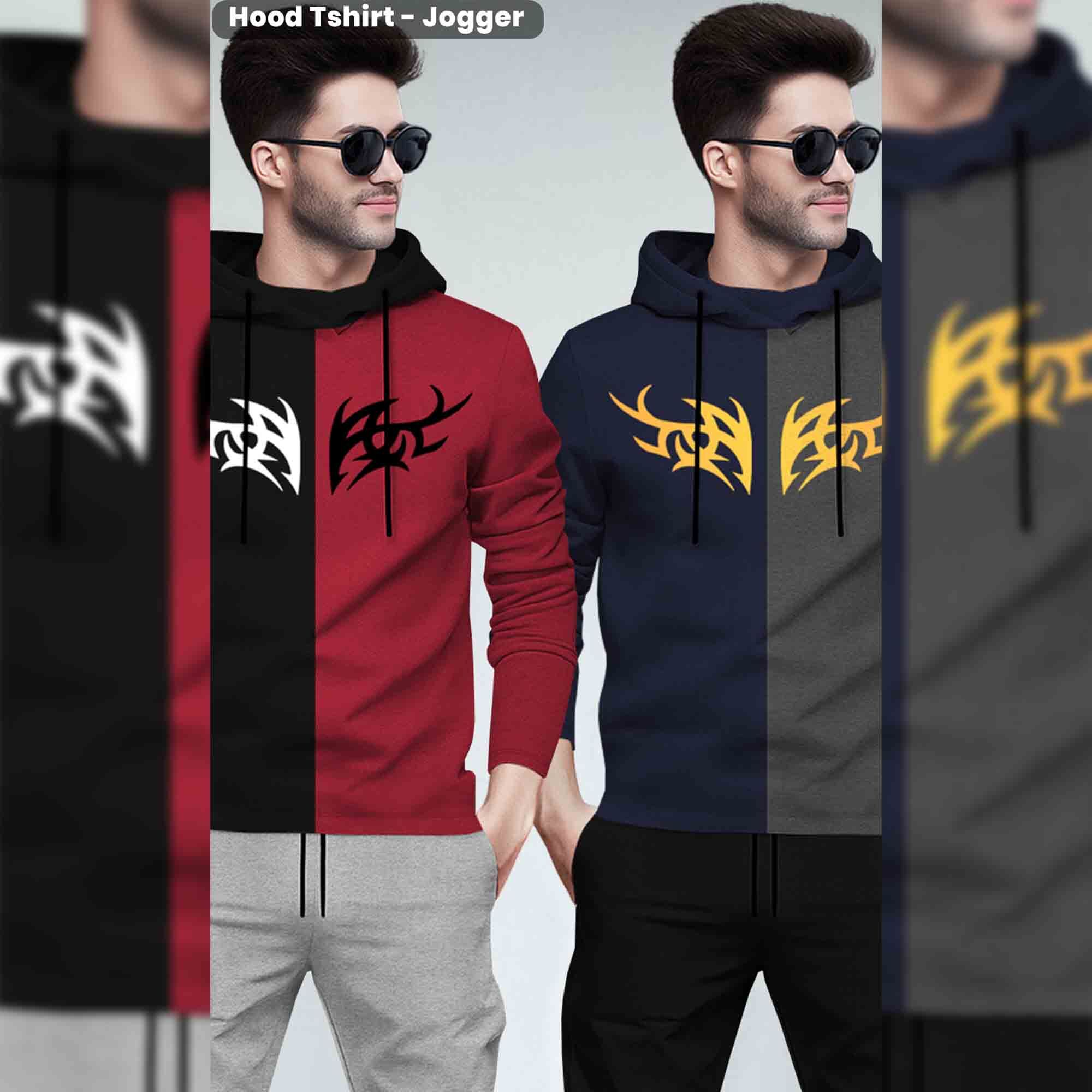 (Pack Of 2) Printed Tracksuit Black & Navy Hooded T-shirts - Matching Plain Trackpants