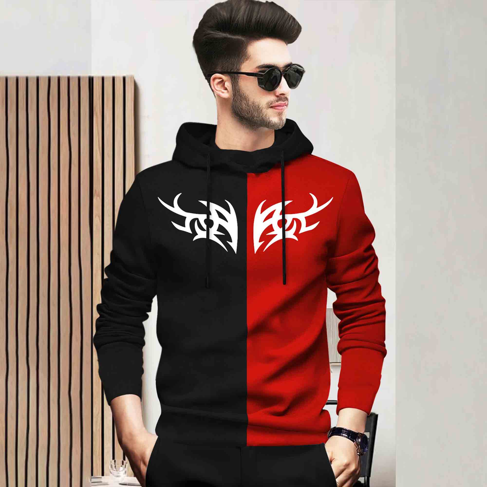 Mens Full Sleeve Hooded Neck Dual Color Printed T-shirt / Black & Red