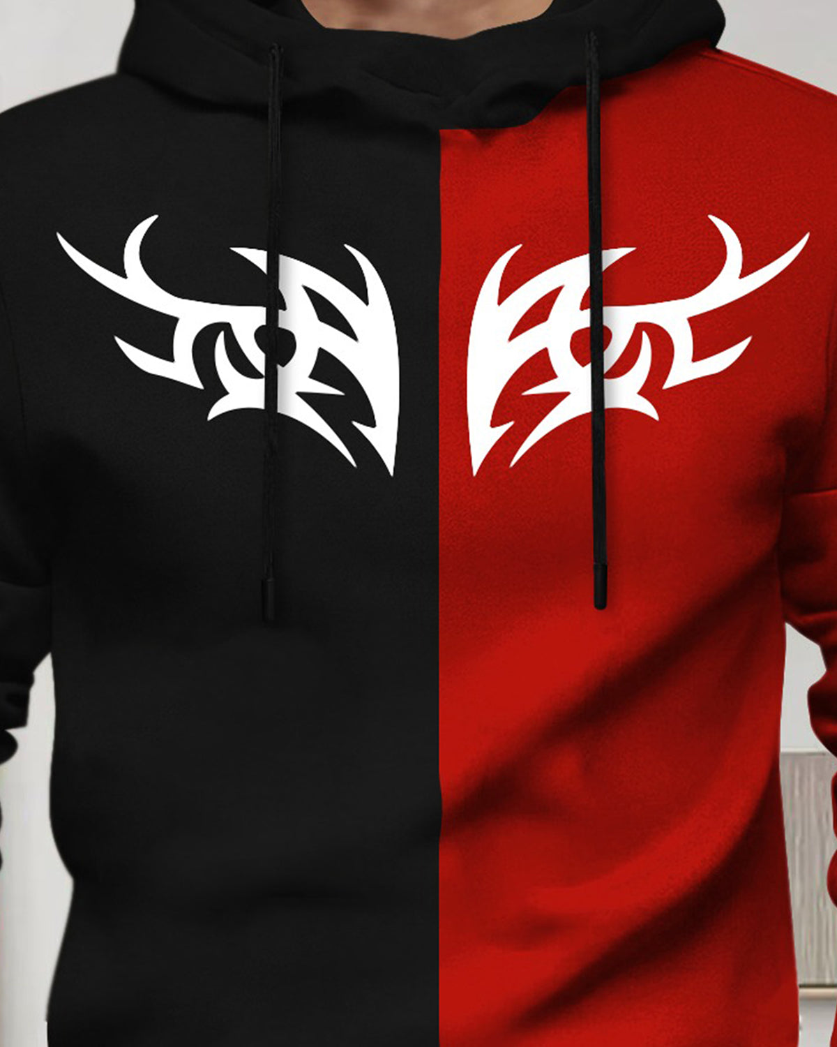 Mens Full Sleeve Hooded Neck Dual Color Printed T-shirt / Black & Red