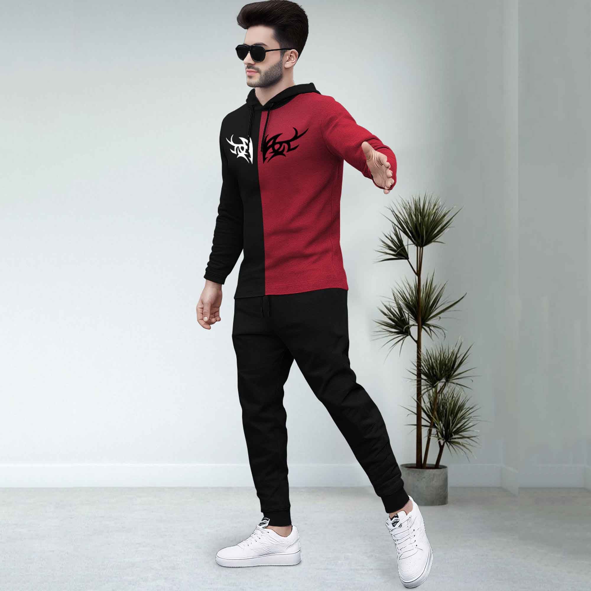 Dual Color Black & Red T-shirt With Matching TrackPant Hoodie Tracksuit