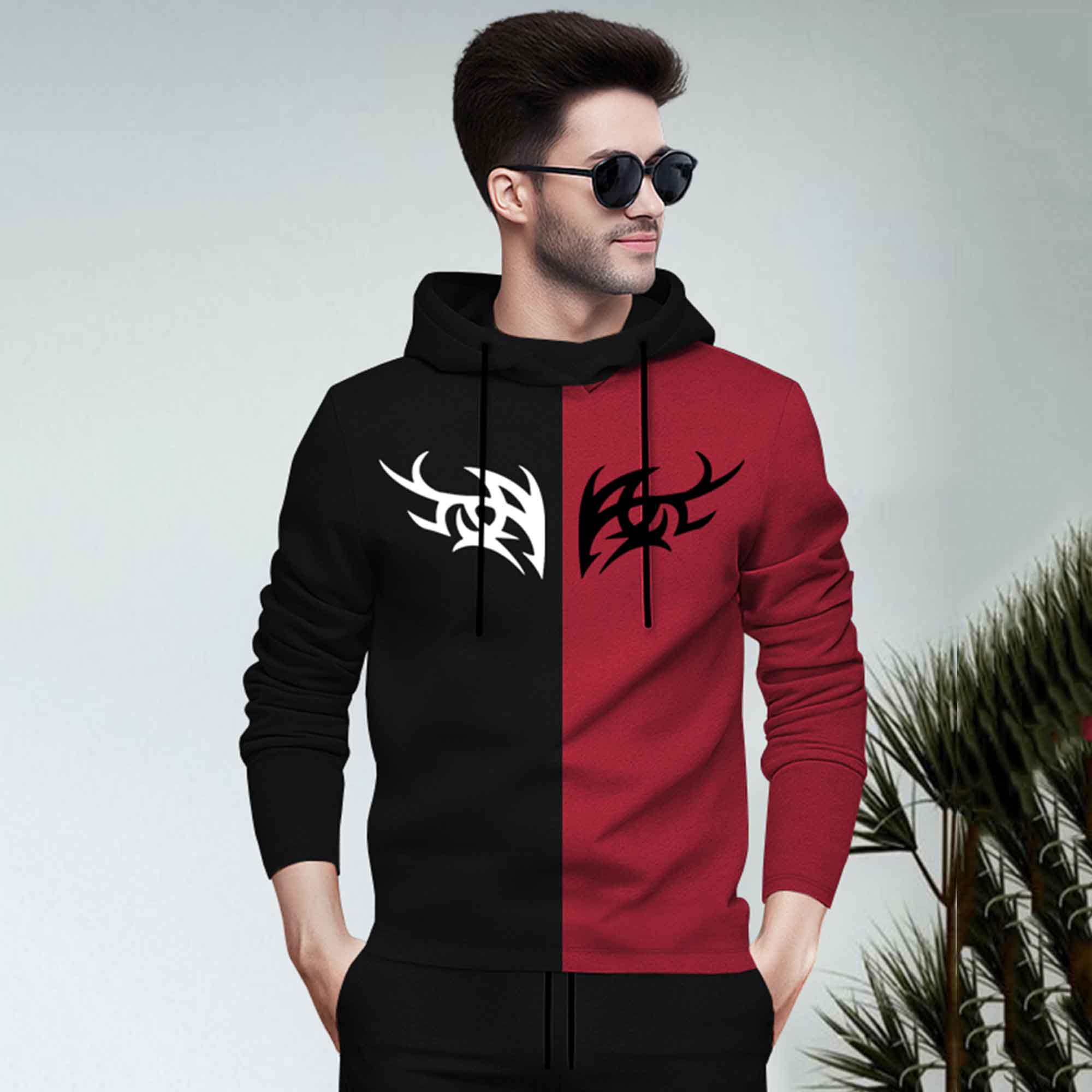 Dual Color Black & Red T-shirt With Matching TrackPant Hoodie Tracksuit