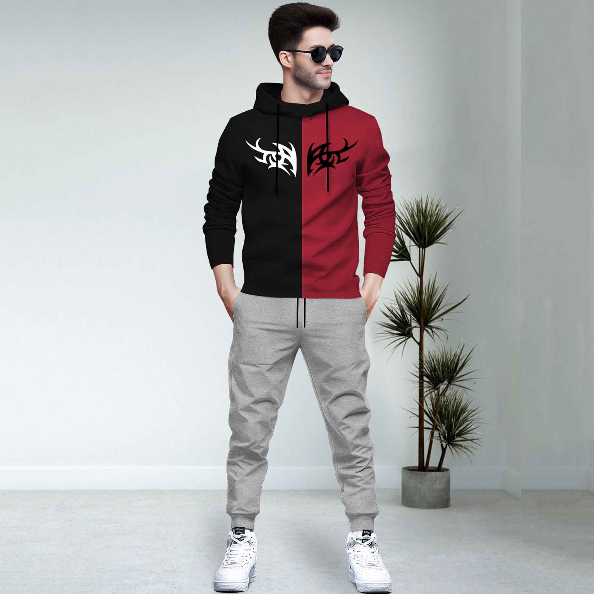 Dual Color Black & Red T-shirt With Grey Matching TrackPant Hoodie Tracksuit