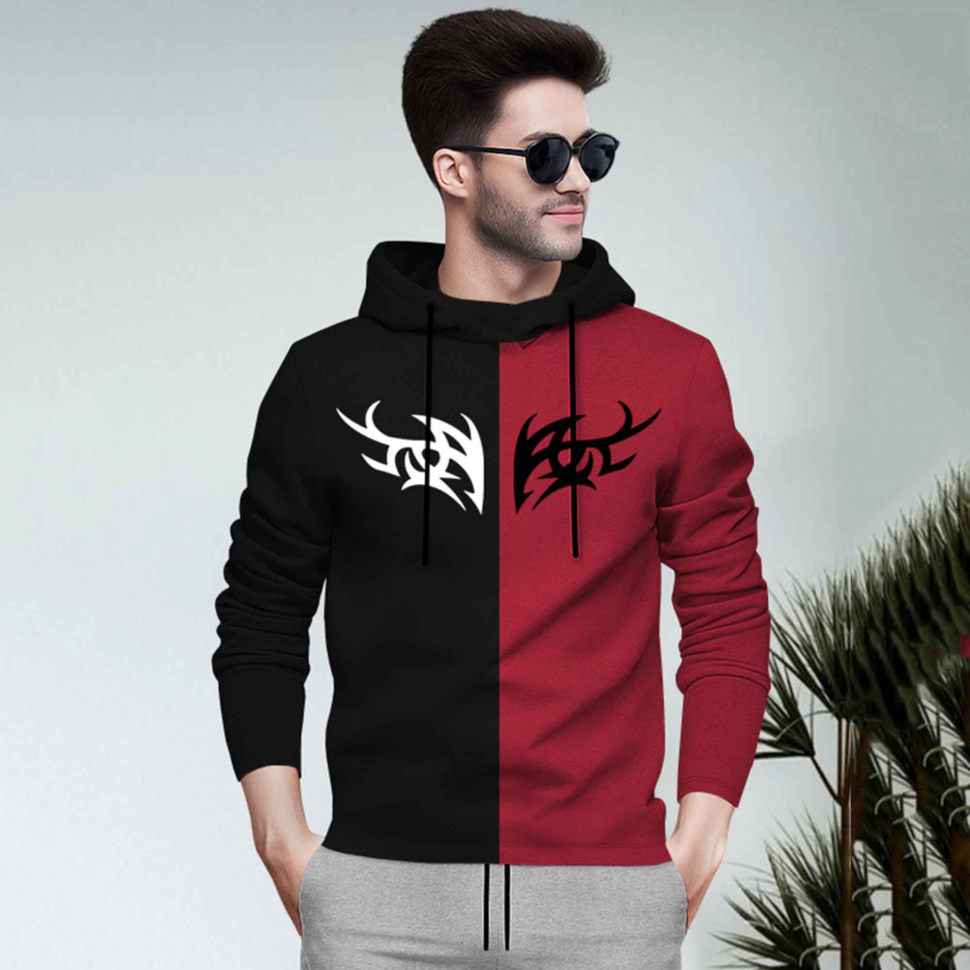 Dual Color Black & Red T-shirt With Grey Matching TrackPant Hoodie Tracksuit