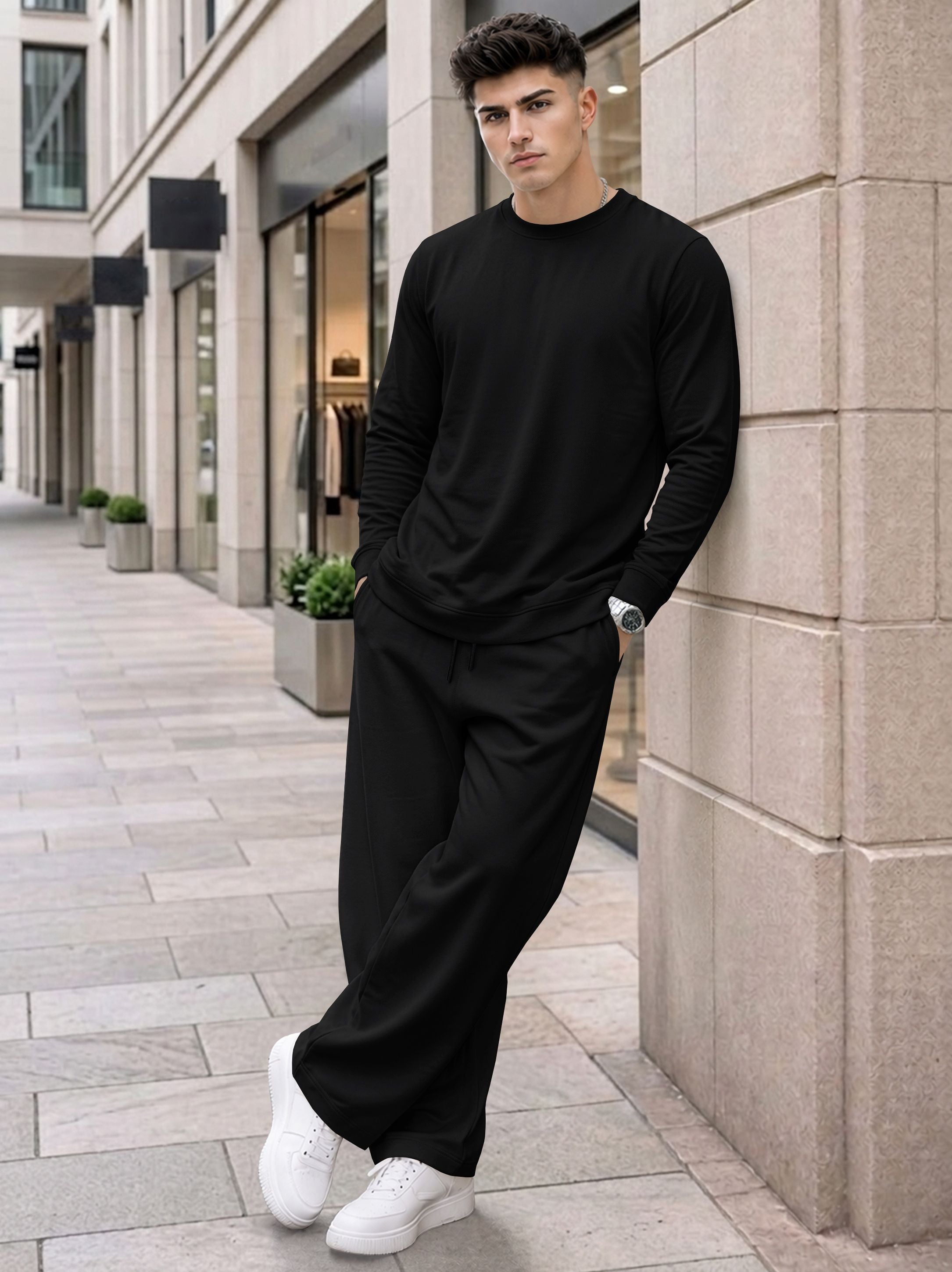 Men Plain Full Sleeve T-shirts and Plain Baggy Trackpants Outfit Sets