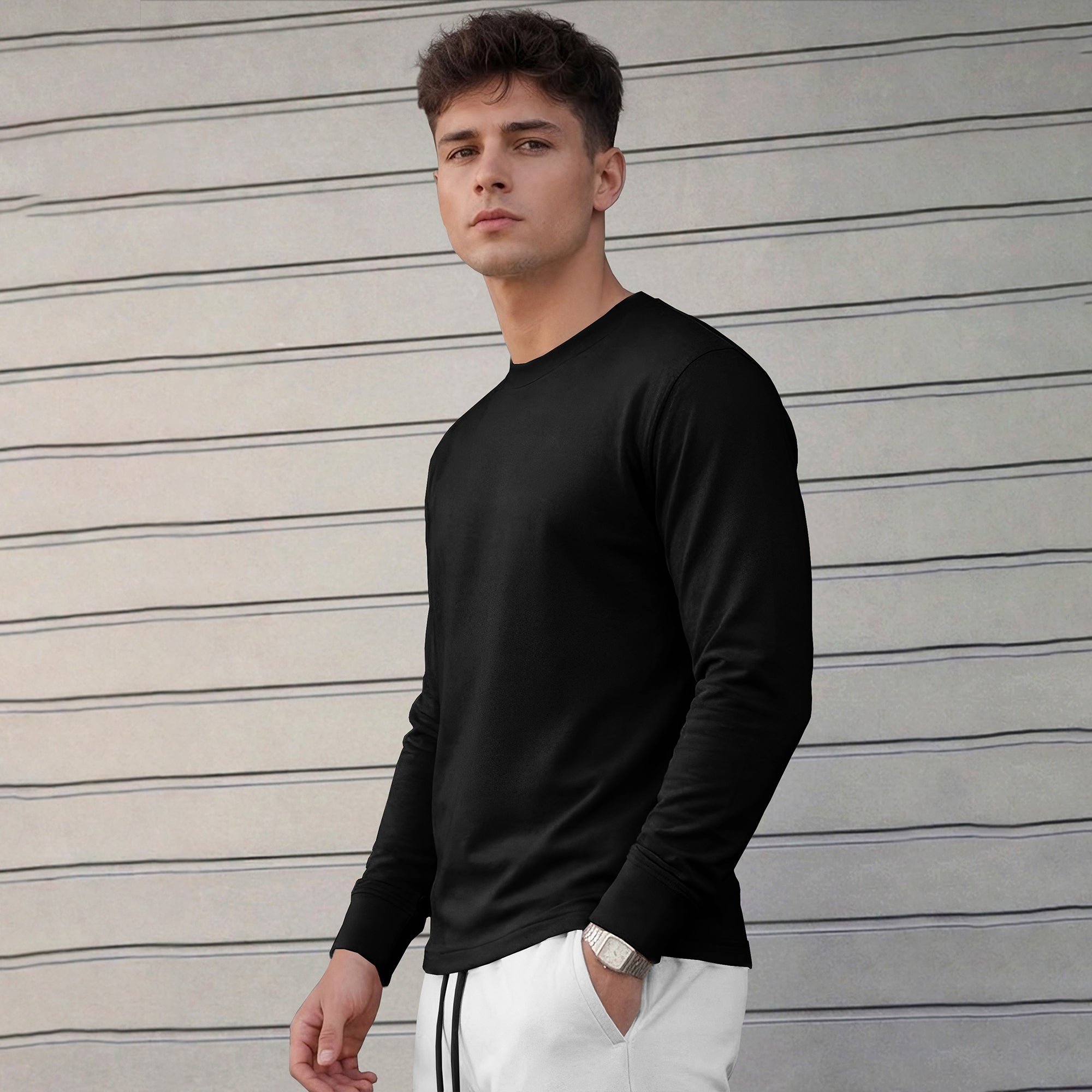 Mens Full Sleeve Round Neck Black T-shirt