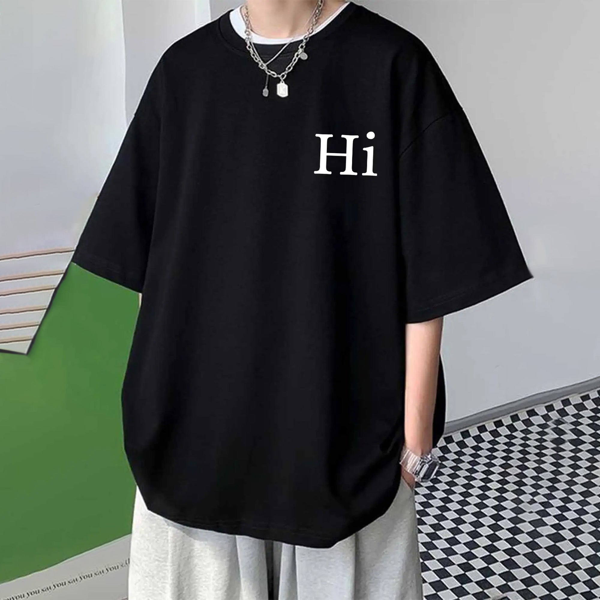 Mens Black 'HI' Graphic Printed Oversized T-Shirt Black