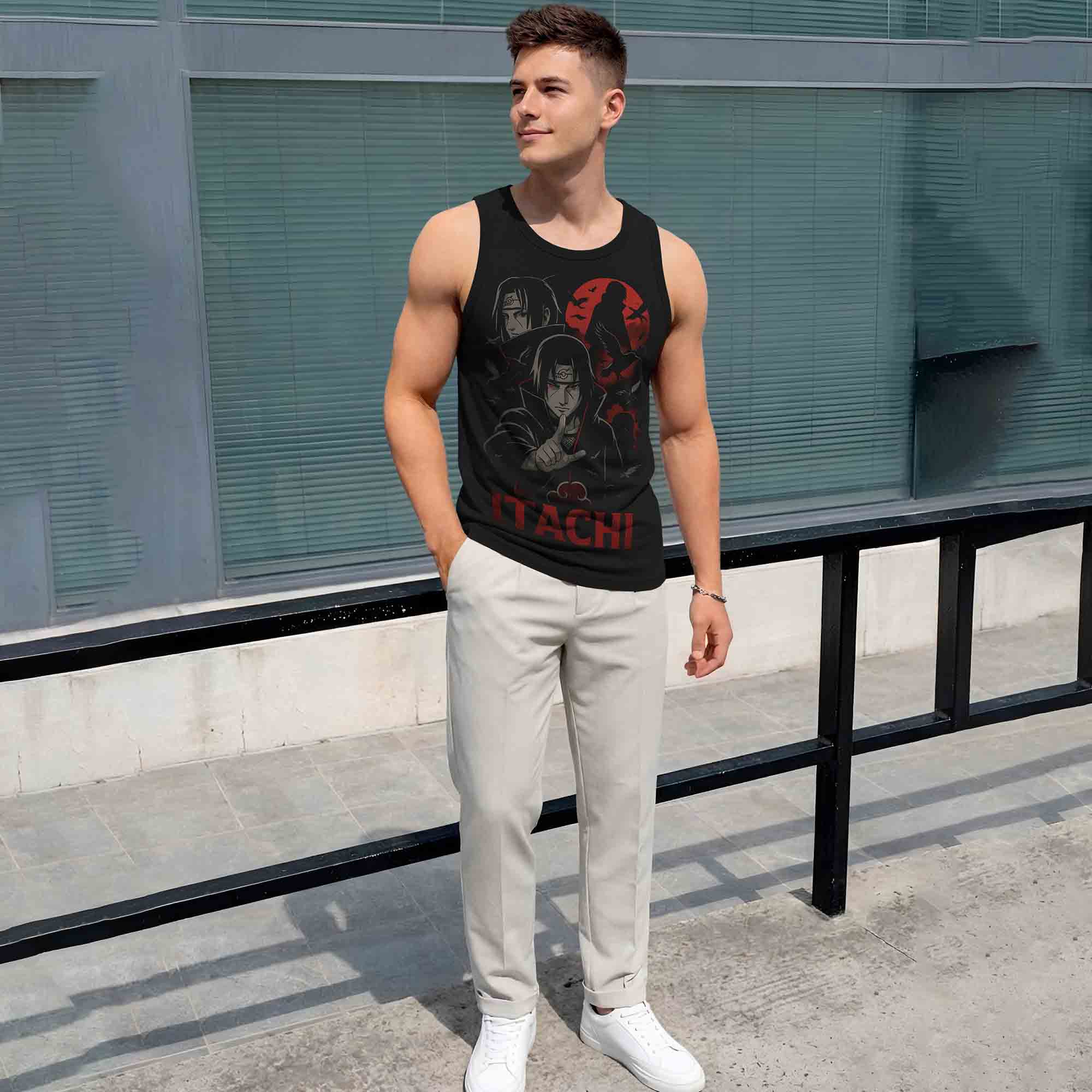 Men Scoop Neck 'ITACHI' Printed Vest Black