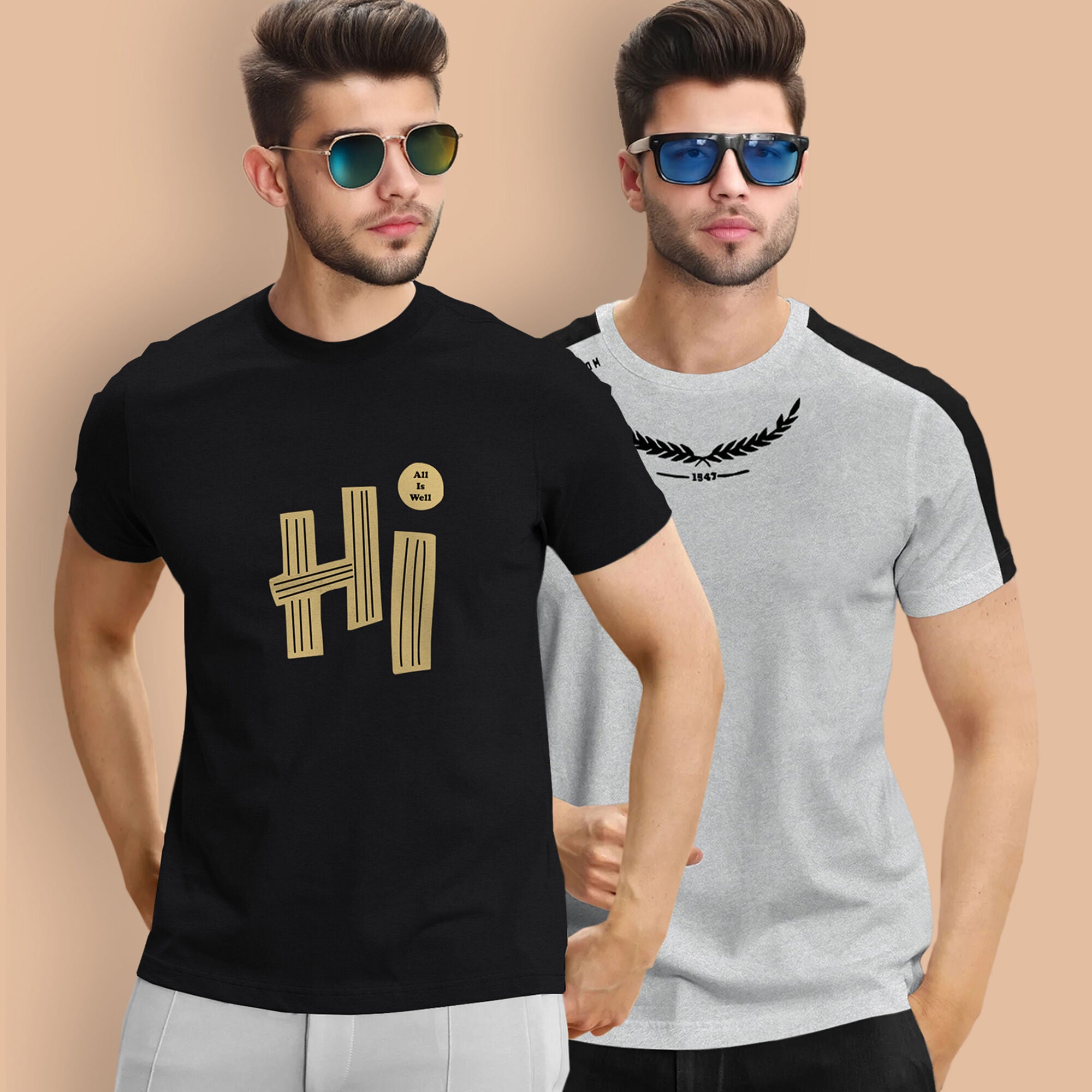 Combo pack Half Sleeve Printed T-shirts black and grey