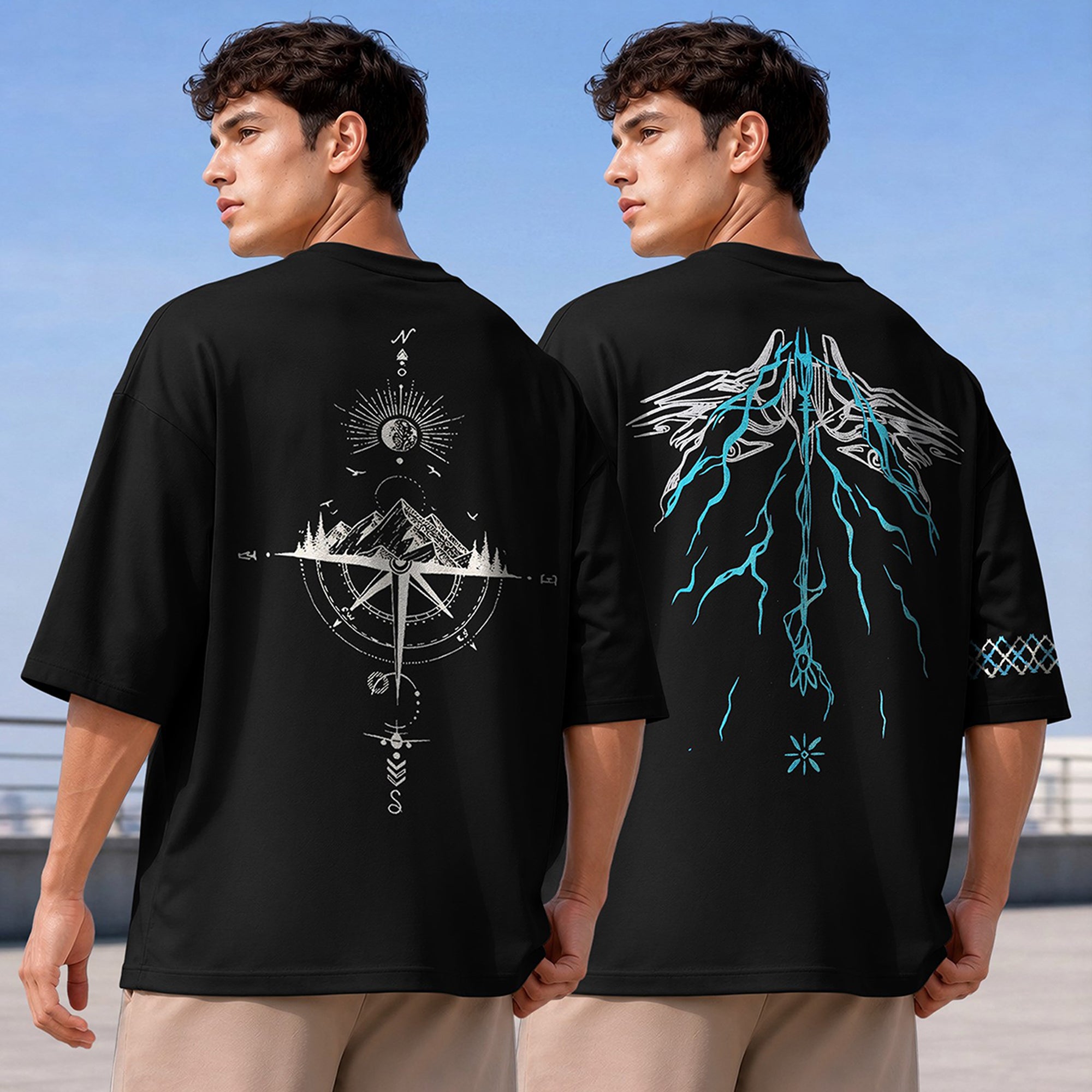 (Pack Of 2) Men Designing Back Printed Oversized T-shirts