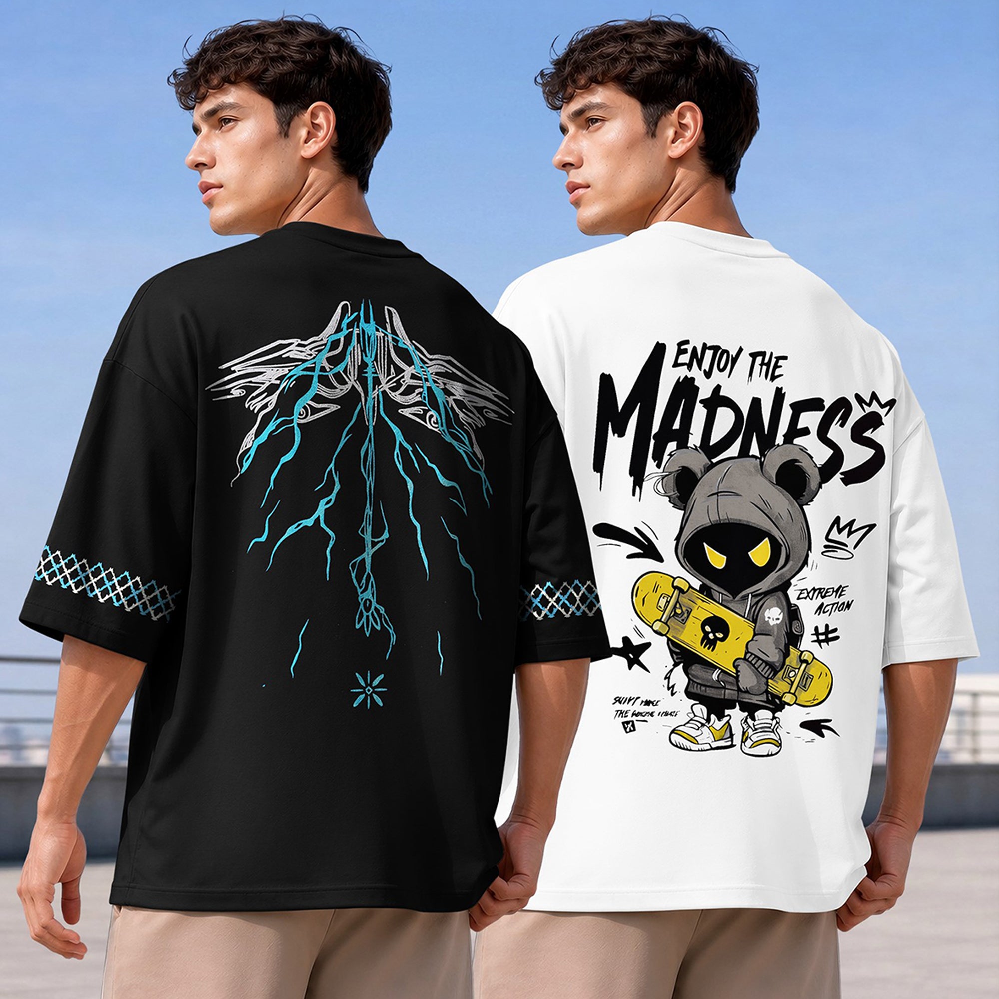 (Pack Of 2) Men Designing Back Printed Oversized T-shirts