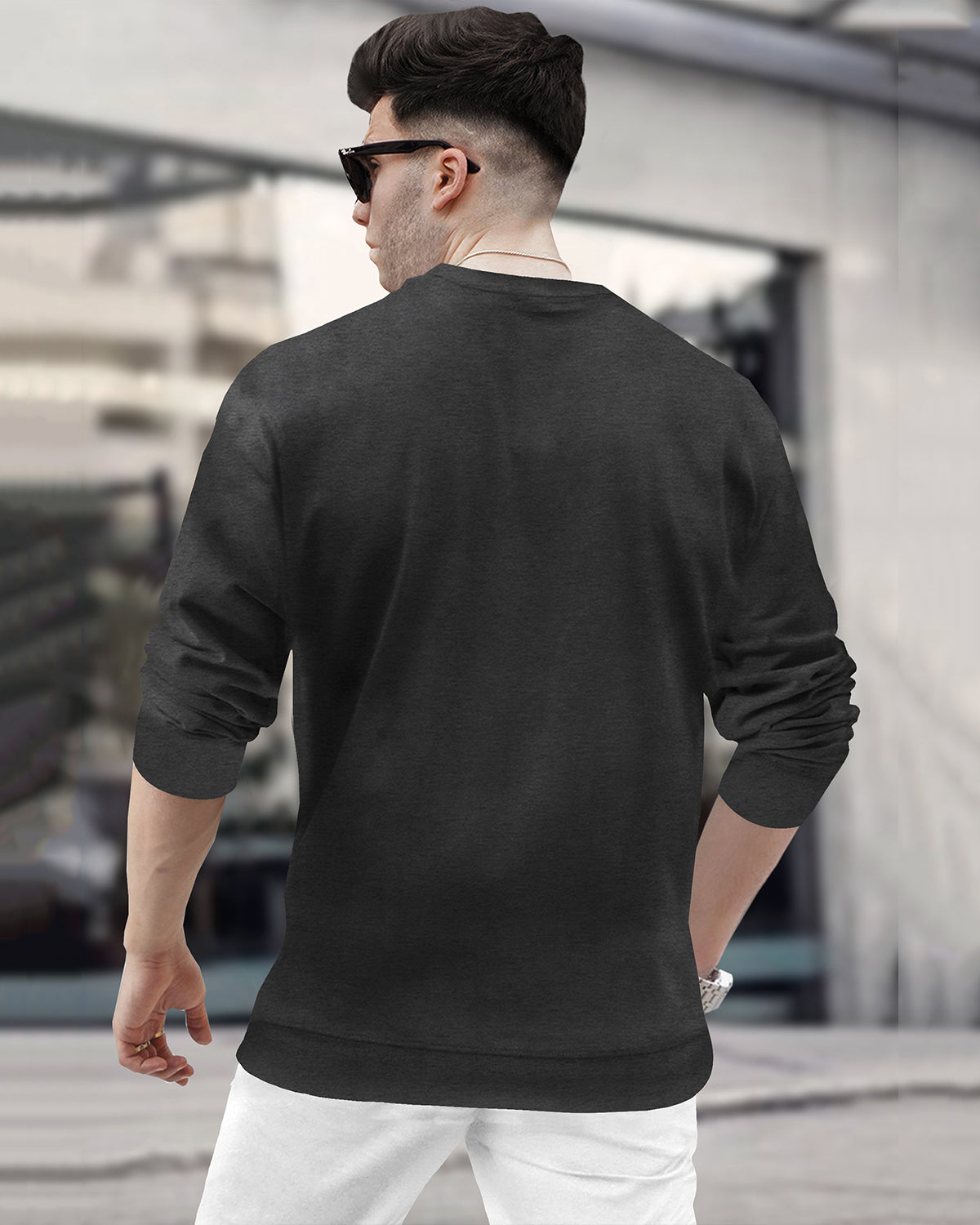 Mens Round Neck Full Sleeve Plain Charcoal Black T-shirt