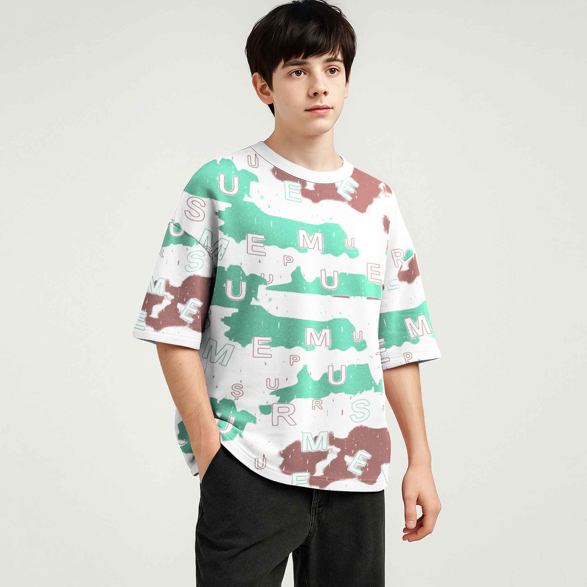 Boys White Printed Loose Fit Baggy T-shirt