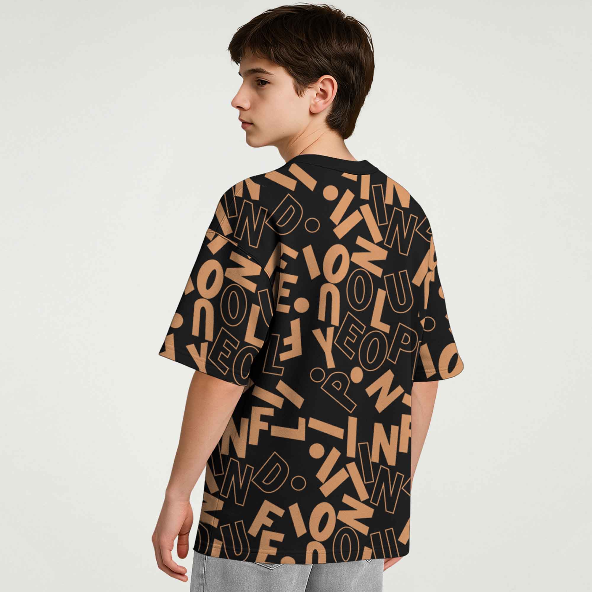 Boys All Over Printed Loose Fit Baggy T-shirt Black