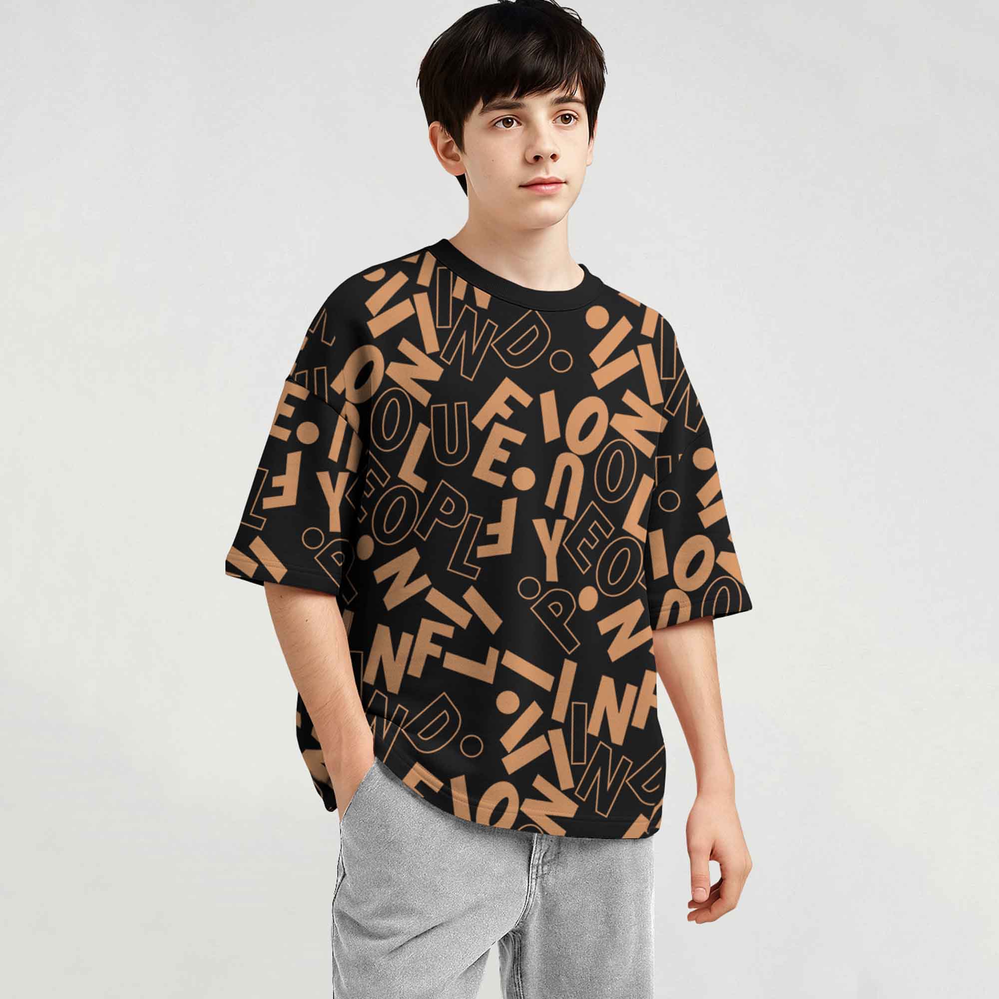 Boys All Over Printed Loose Fit Baggy T-shirt Black