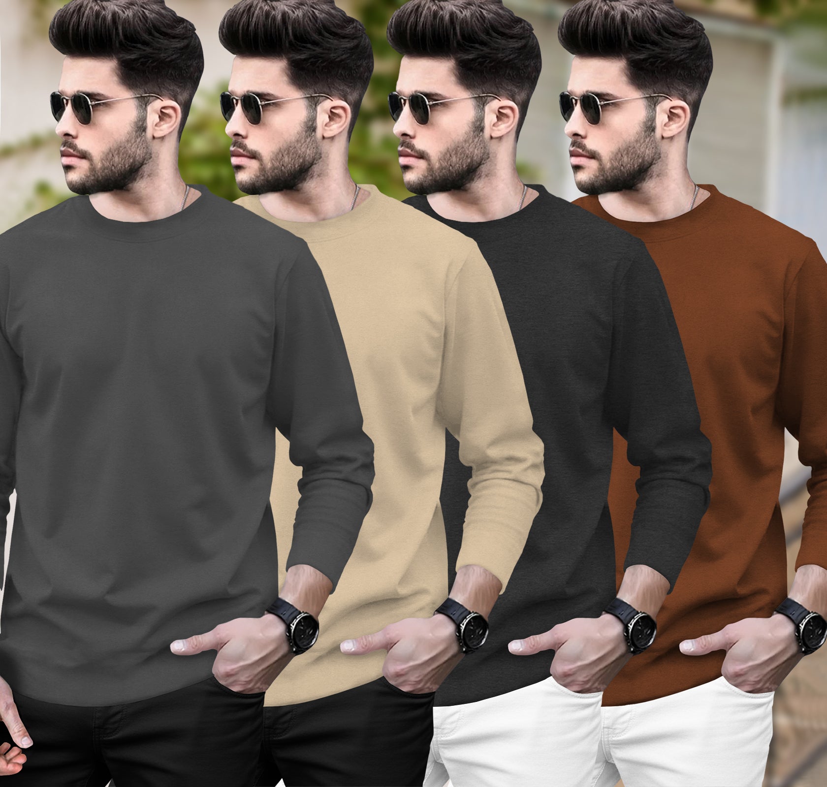 (Pack Of 4) Round Neck Full Sleeve Plain T-shirts