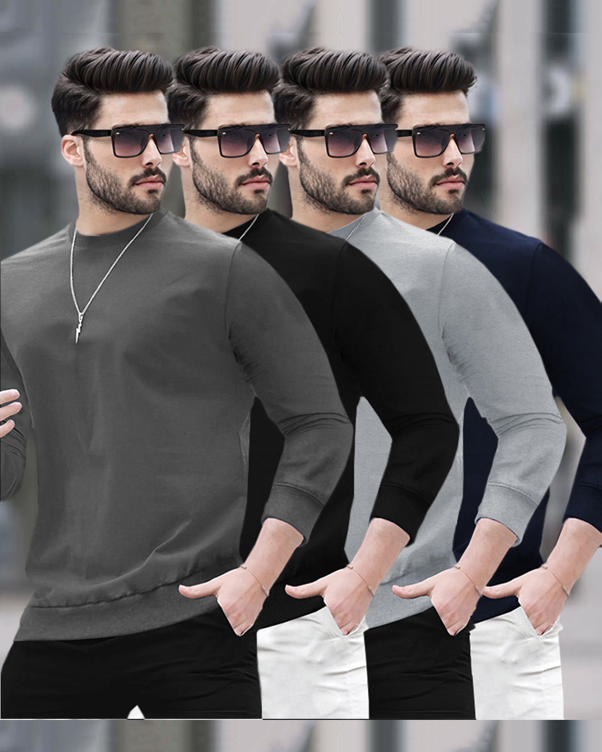 Mens Round Neck Full Sleeve Plain T-shirts (Pack Of 4)