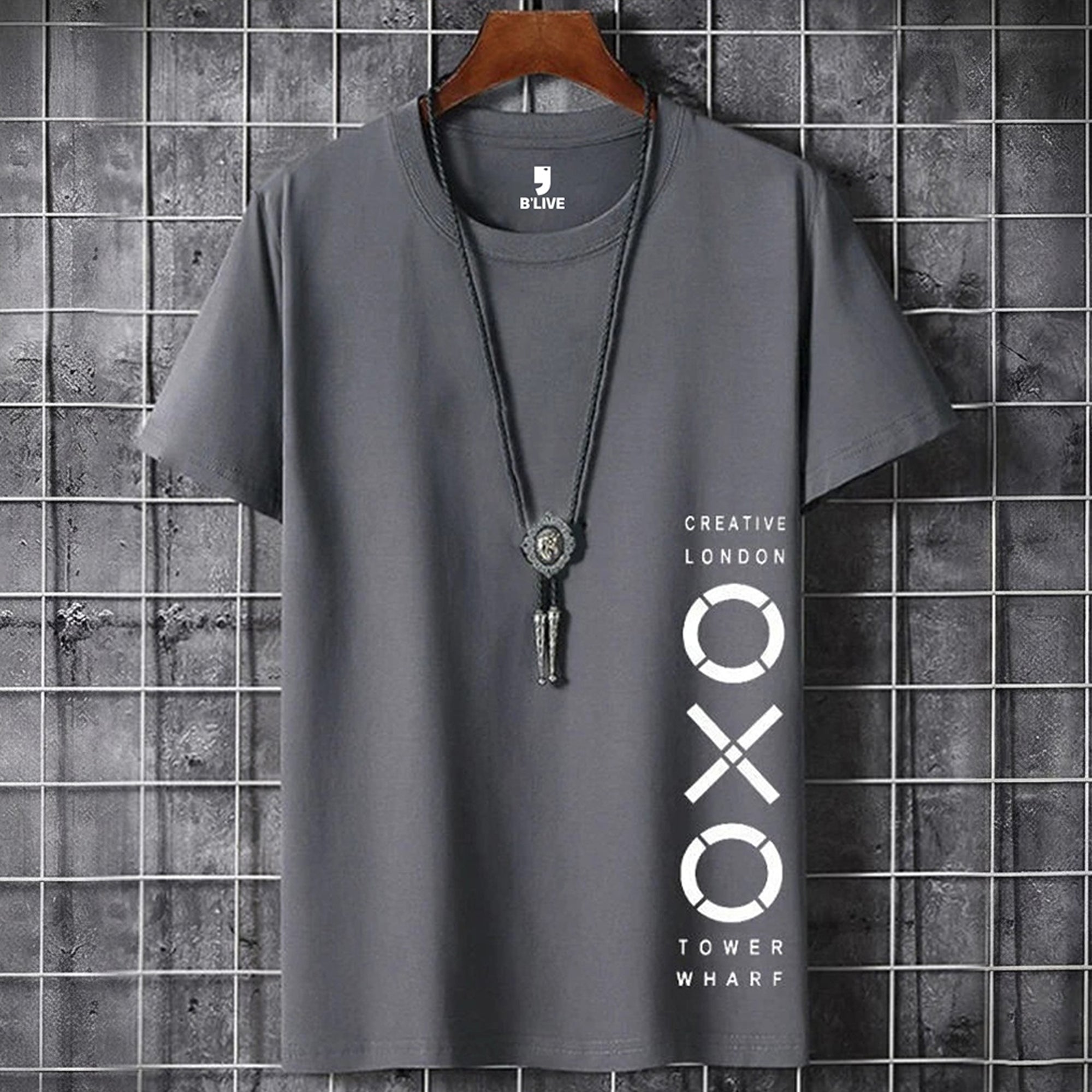 Men Simple Print Half Sleeve T-shirt Dark Grey
