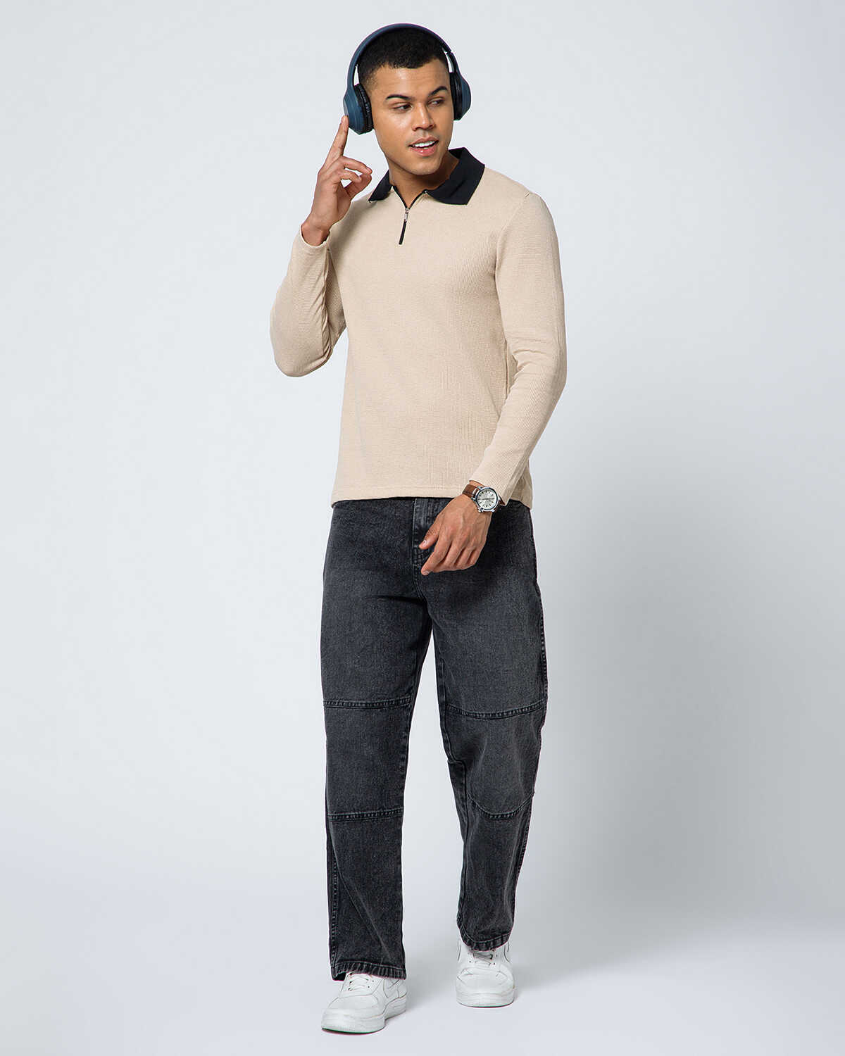 Men’s Waffle Textured White Full Sleeve Polo T-Shirt with Quarter Zip Neck - Contrast Collar