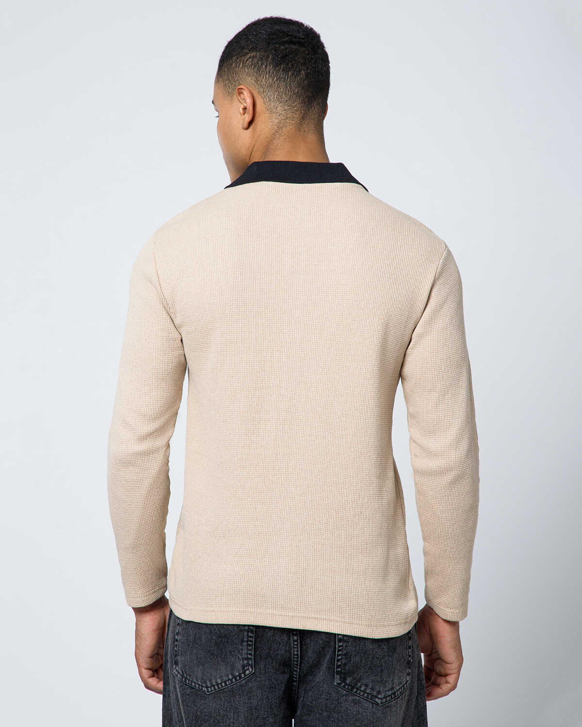 Men’s Waffle Textured White Full Sleeve Polo T-Shirt with Quarter Zip Neck - Contrast Collar