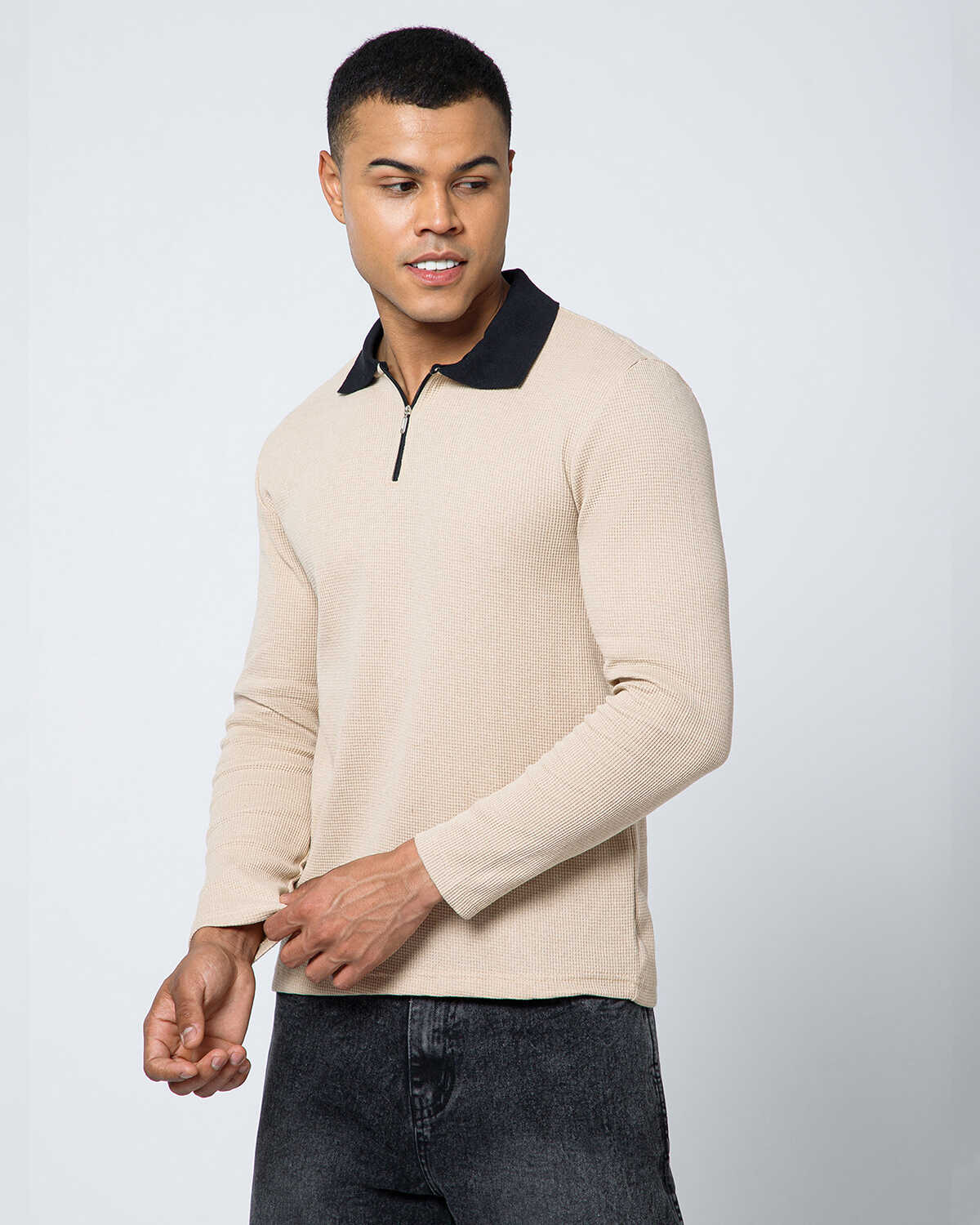 Men’s Waffle Textured White Full Sleeve Polo T-Shirt with Quarter Zip Neck - Contrast Collar