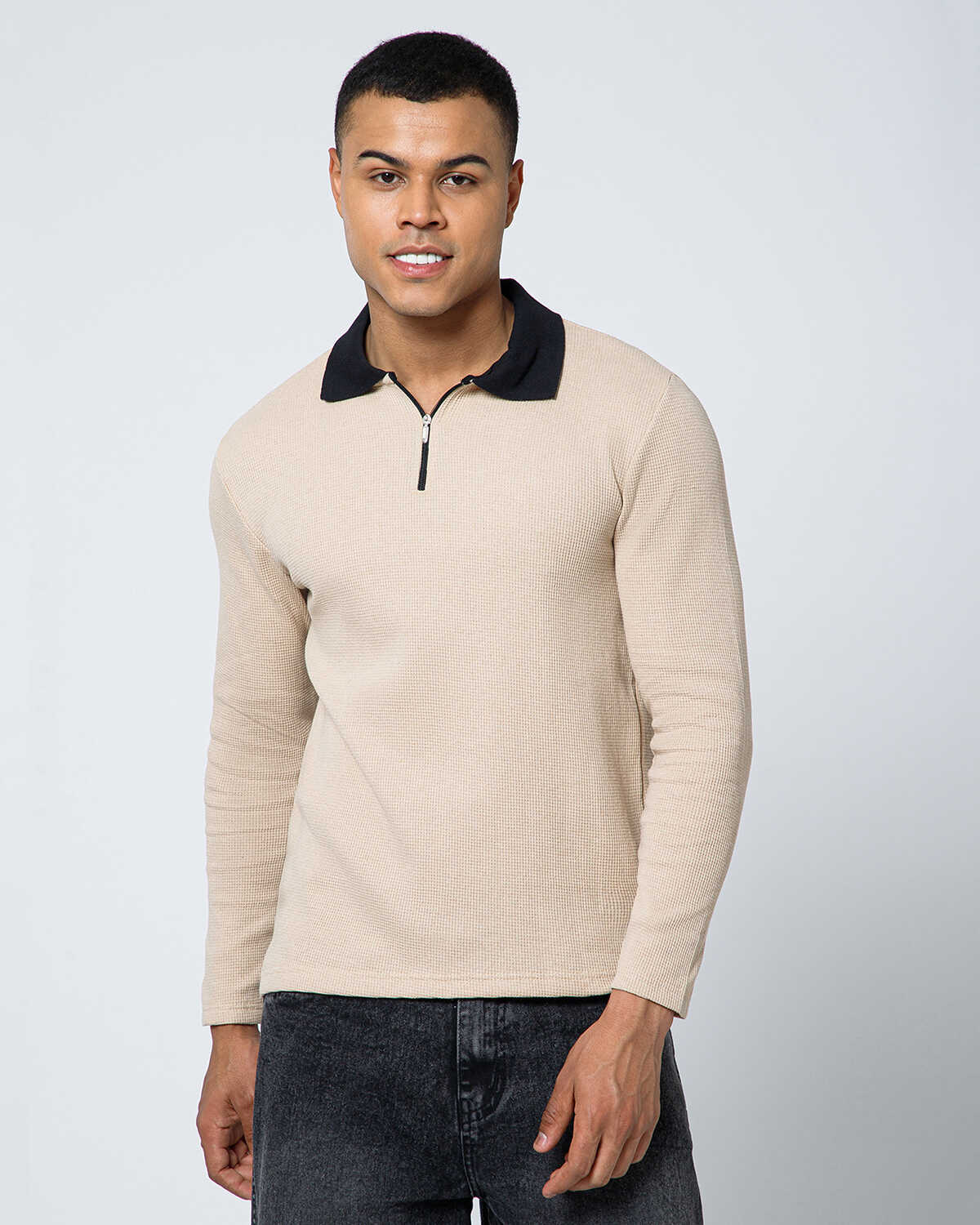 Men's Waffle Textured White Full Sleeve Polo T-Shirt with Quarter