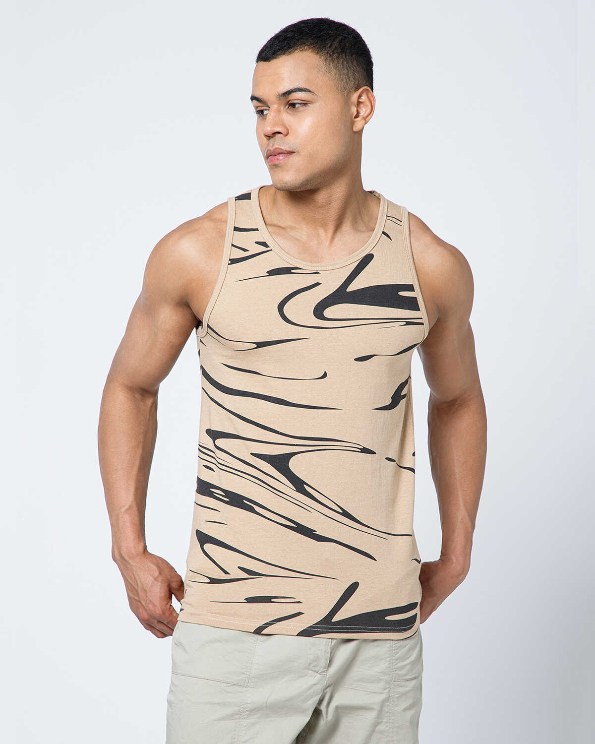 Men Printed Beige Casual Vest