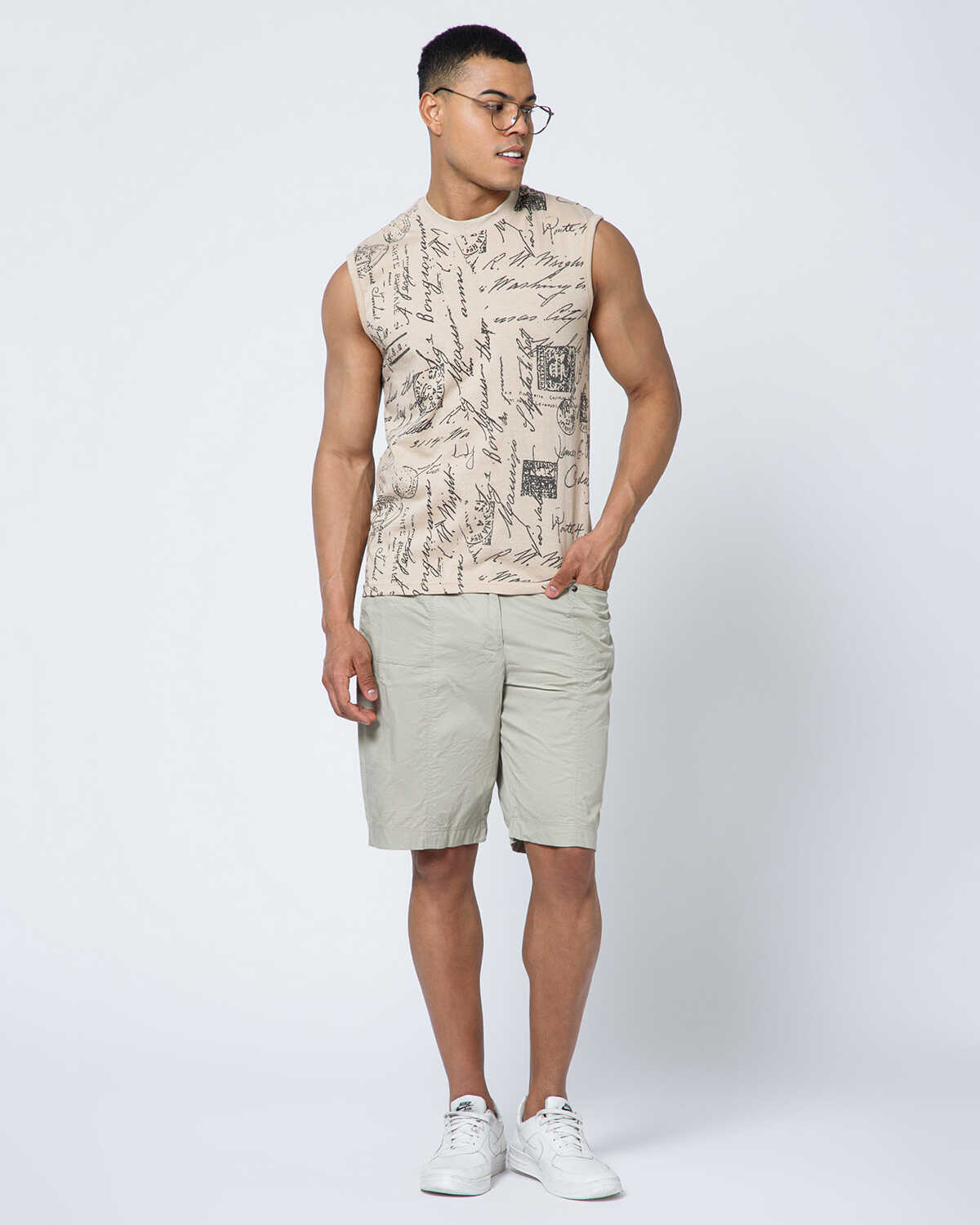 Men Casual Beige Printed Round Neck Vest