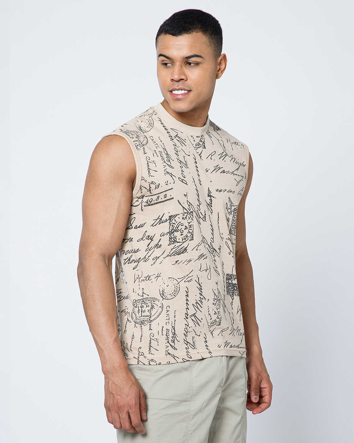 Men Casual Beige Printed Round Neck Vest
