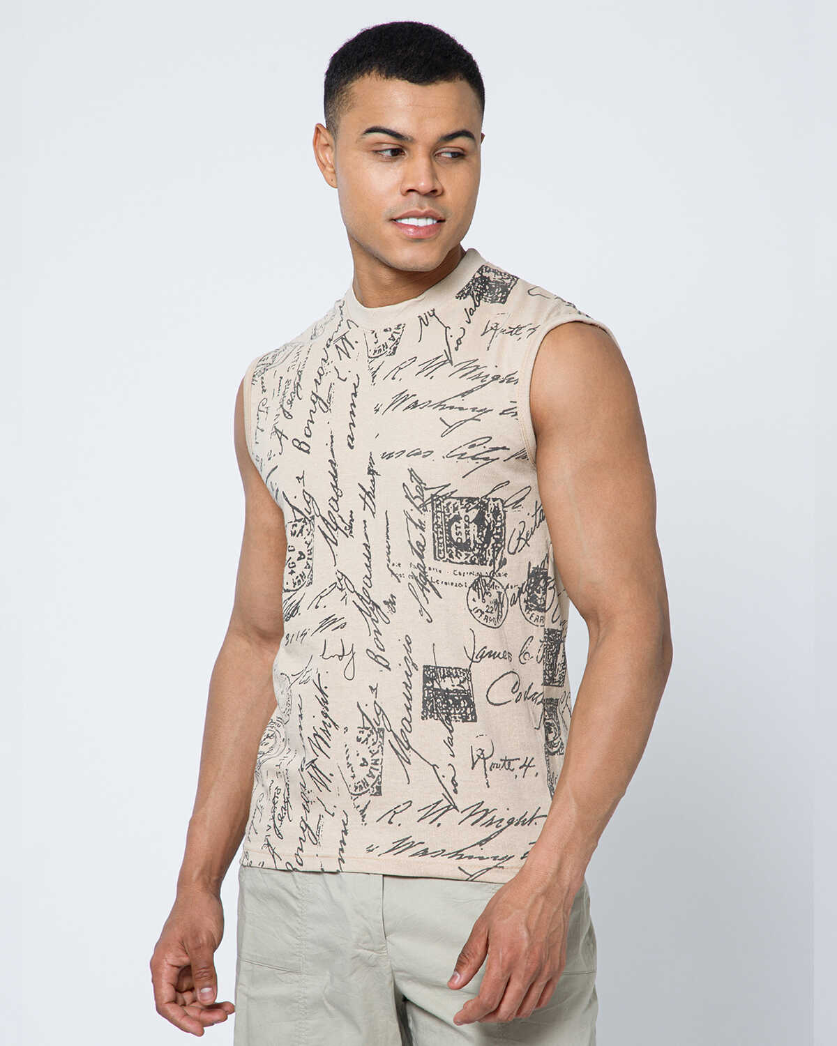 Men Casual Beige Printed Round Neck Vest