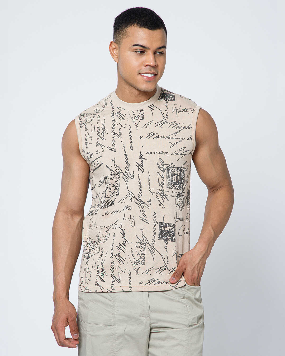 Men Casual Beige Printed Round Neck Vest