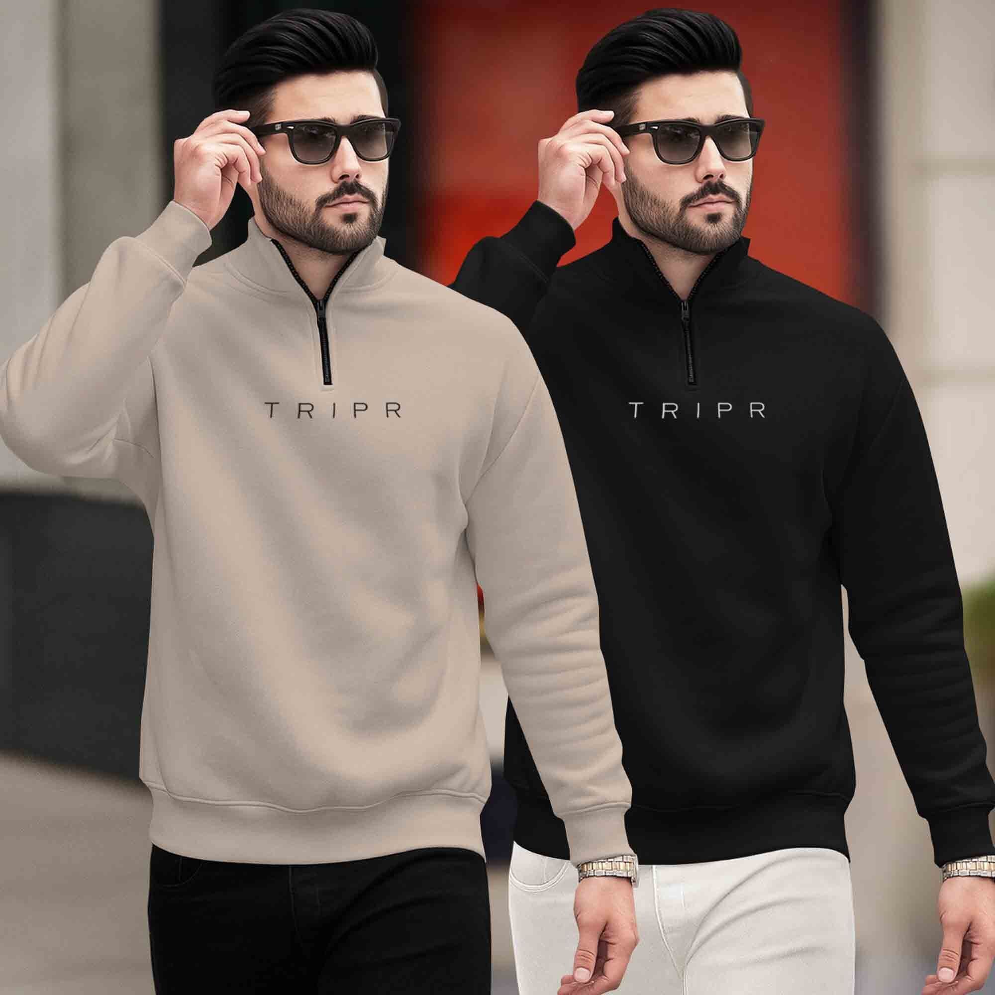 (Pack of 2) Mens Plain High Neck Sweatshirts / Beige & Black