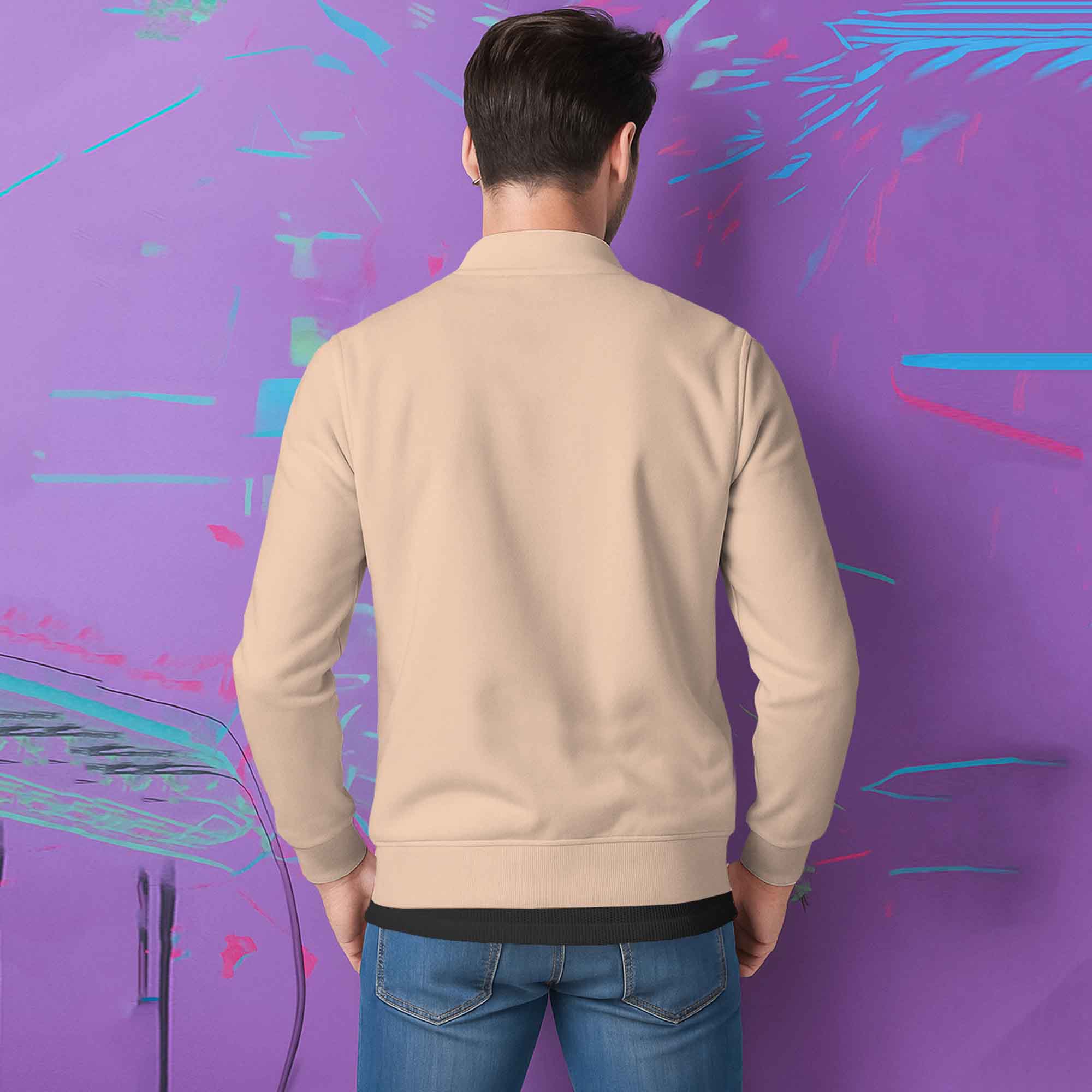 Round Neck Classic Beige Zipper Jacket for Men