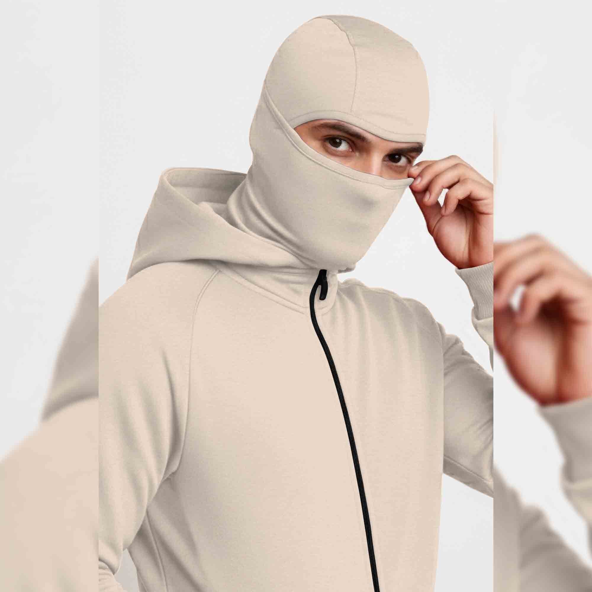 Mens Winter Full Mask Warm Zip-Up Hooded Jacket Beige