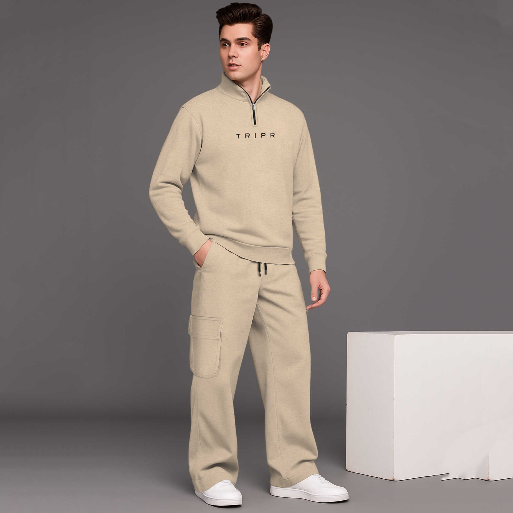 High Neck Beige Sweatshirt with Baggy Cargo Tracksuit