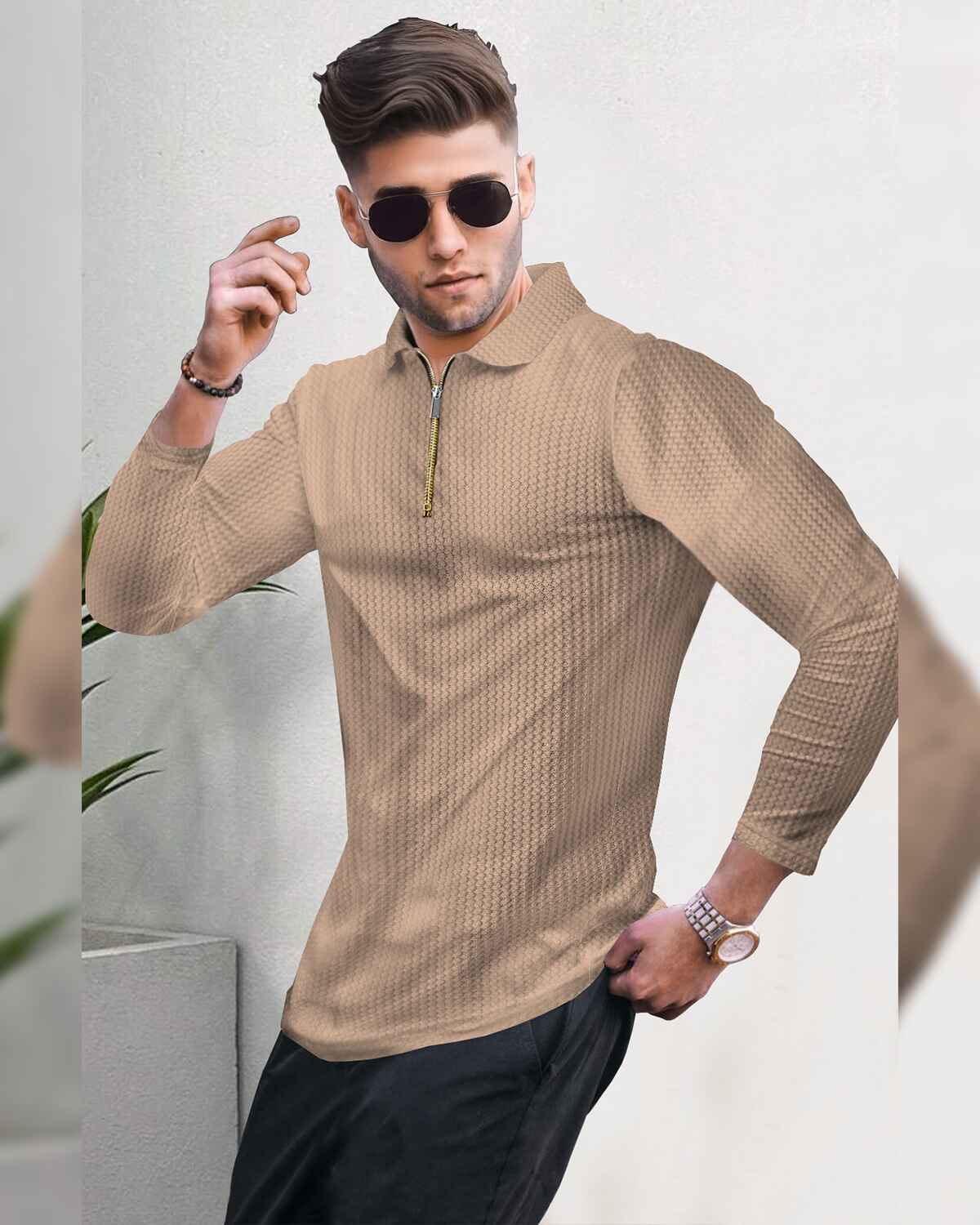 Men’s Waffle Textured Beige Full Sleeve Polo T-Shirt with Quarter Zip Neck